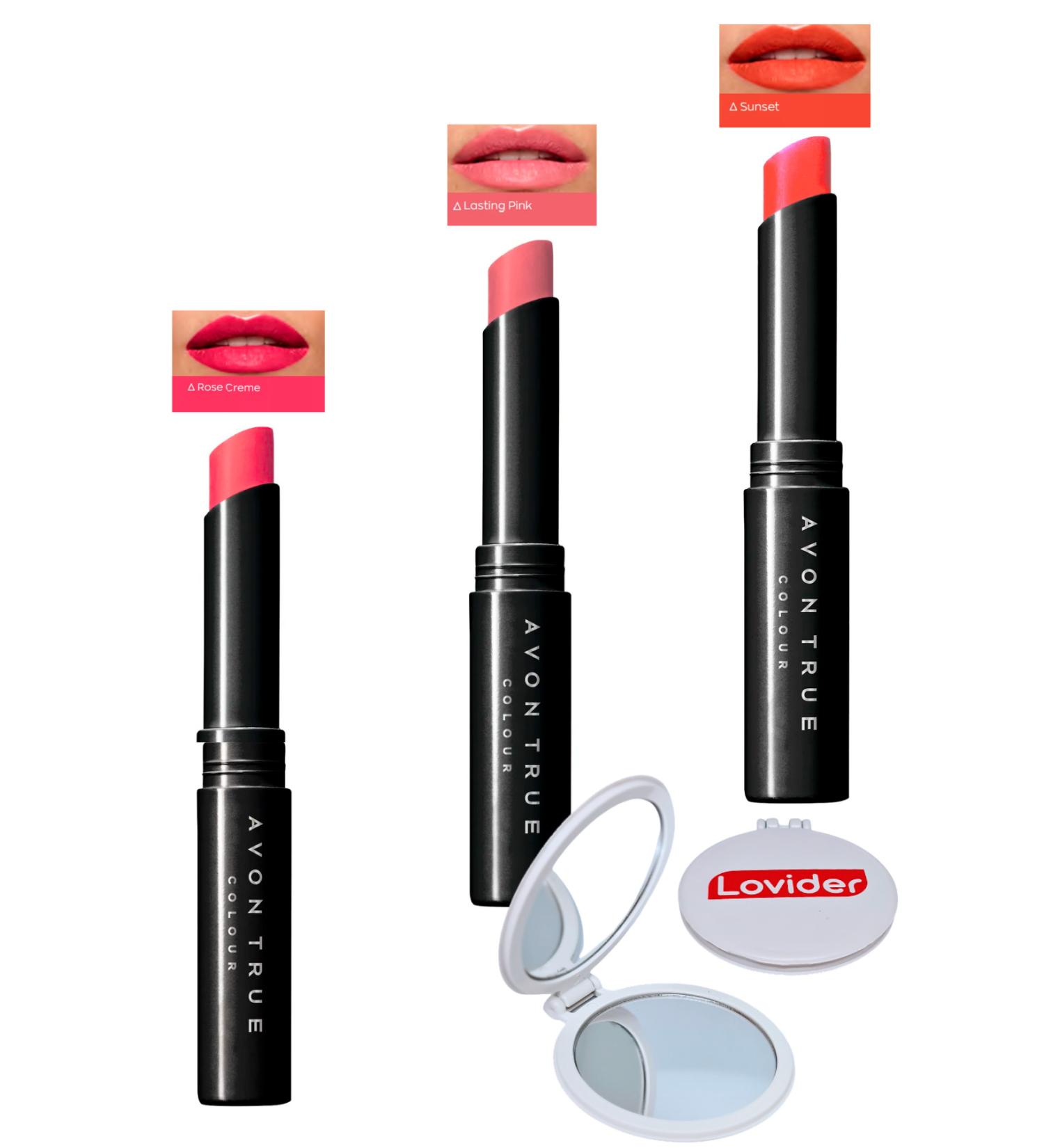 Avon Beauty 3-Pack Lipstick - Rose Creme + Lasting Pink + Sunset + Lovider Pocket Mirror