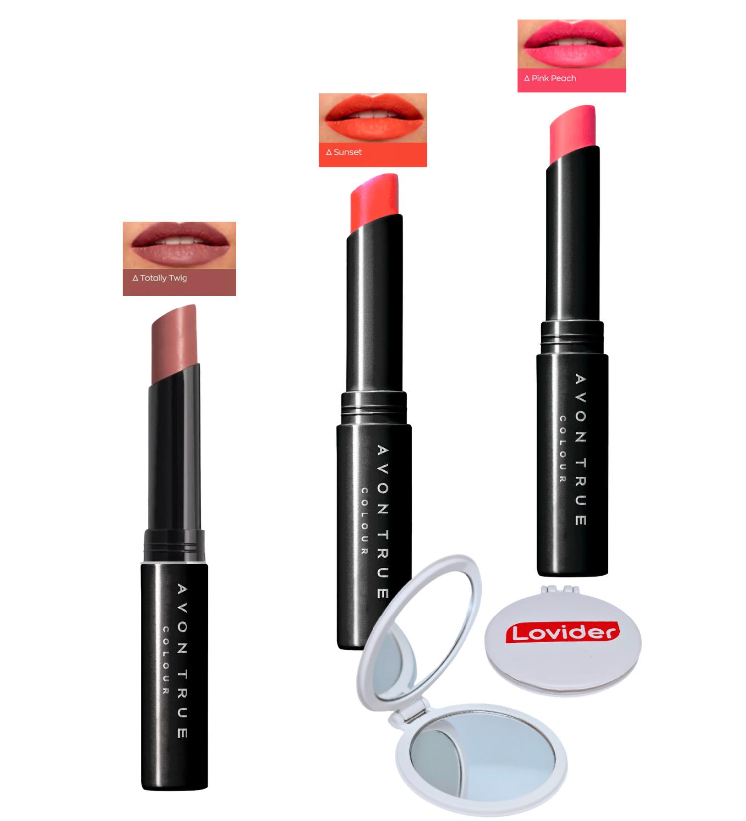 Avon Beauty 3-Pack Lipstick - Totally Twig + Sunset + Pink Peach + Lovider Pocket Mirror