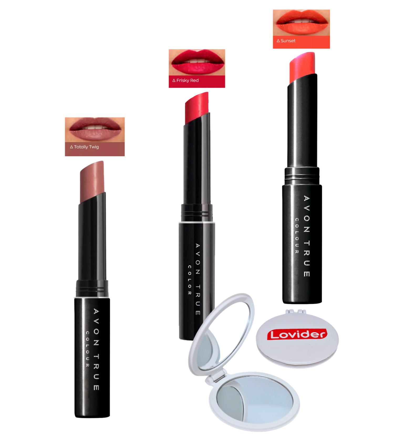 Avon Beauty 3-Pack Lipstick - Totally Twig + Frisky Red + Sunset + Lovider Pocket Mirror - Buy Online on GoSupps.com
