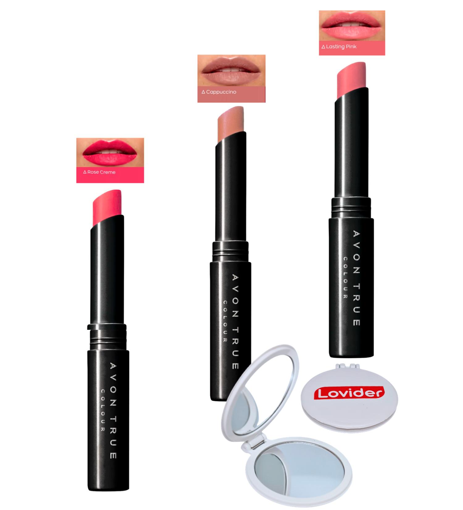 Avon Beauty 3-Pack Lipstick - Rose Creme + Cappuccino + Lasting Pink + Pocket Mirror