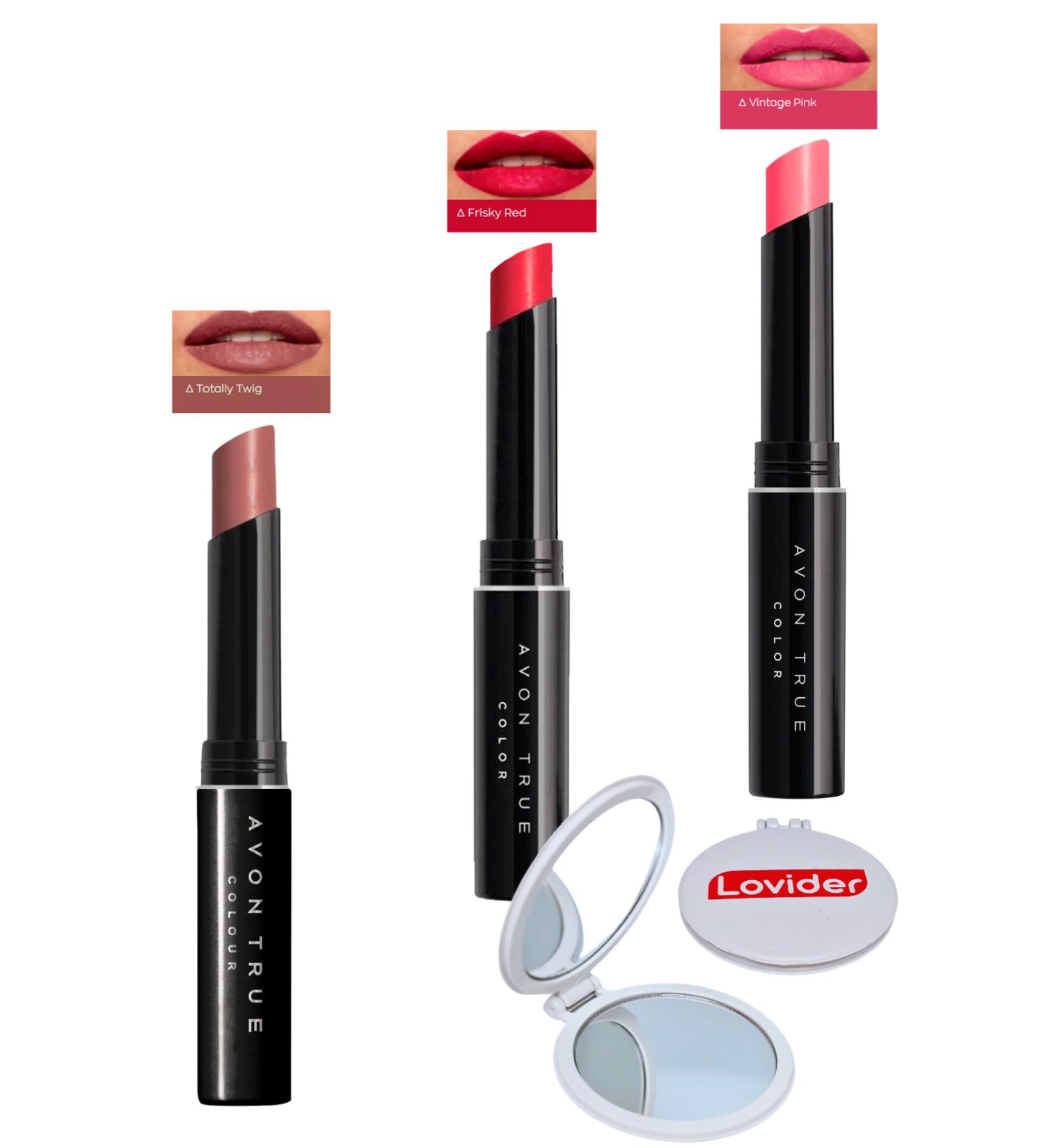 Avon Beauty 3-Pack Lipstick - Totally Twig + Frisky Red + Vintage Pink + Lovider Pocket Mirror