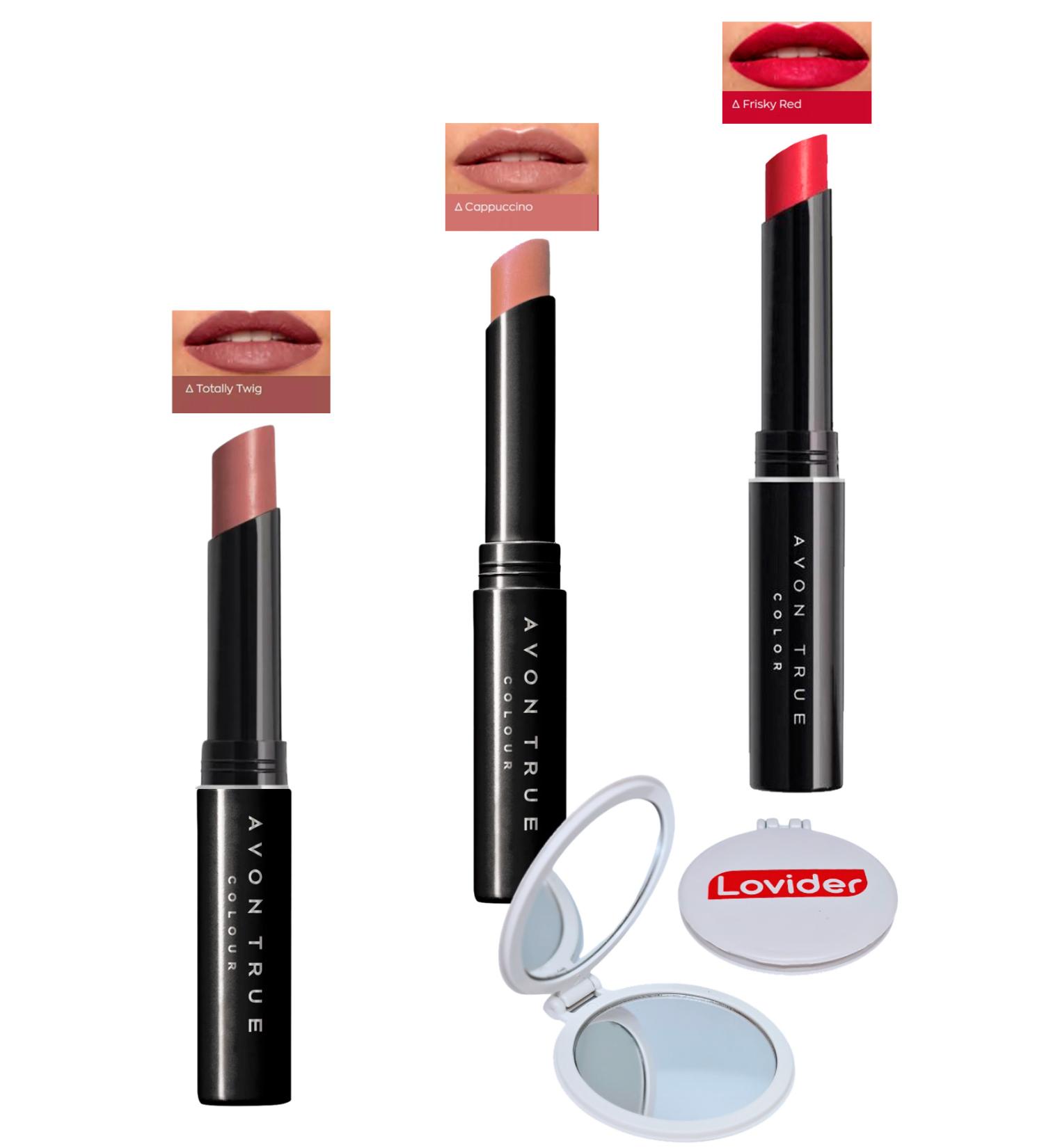 Avon Beauty 3-Pack Lipstick - Totally Twig + Cappuccino + Frisky Red + Lovider Pocket Mirror - Buy Online on GoSupps.com