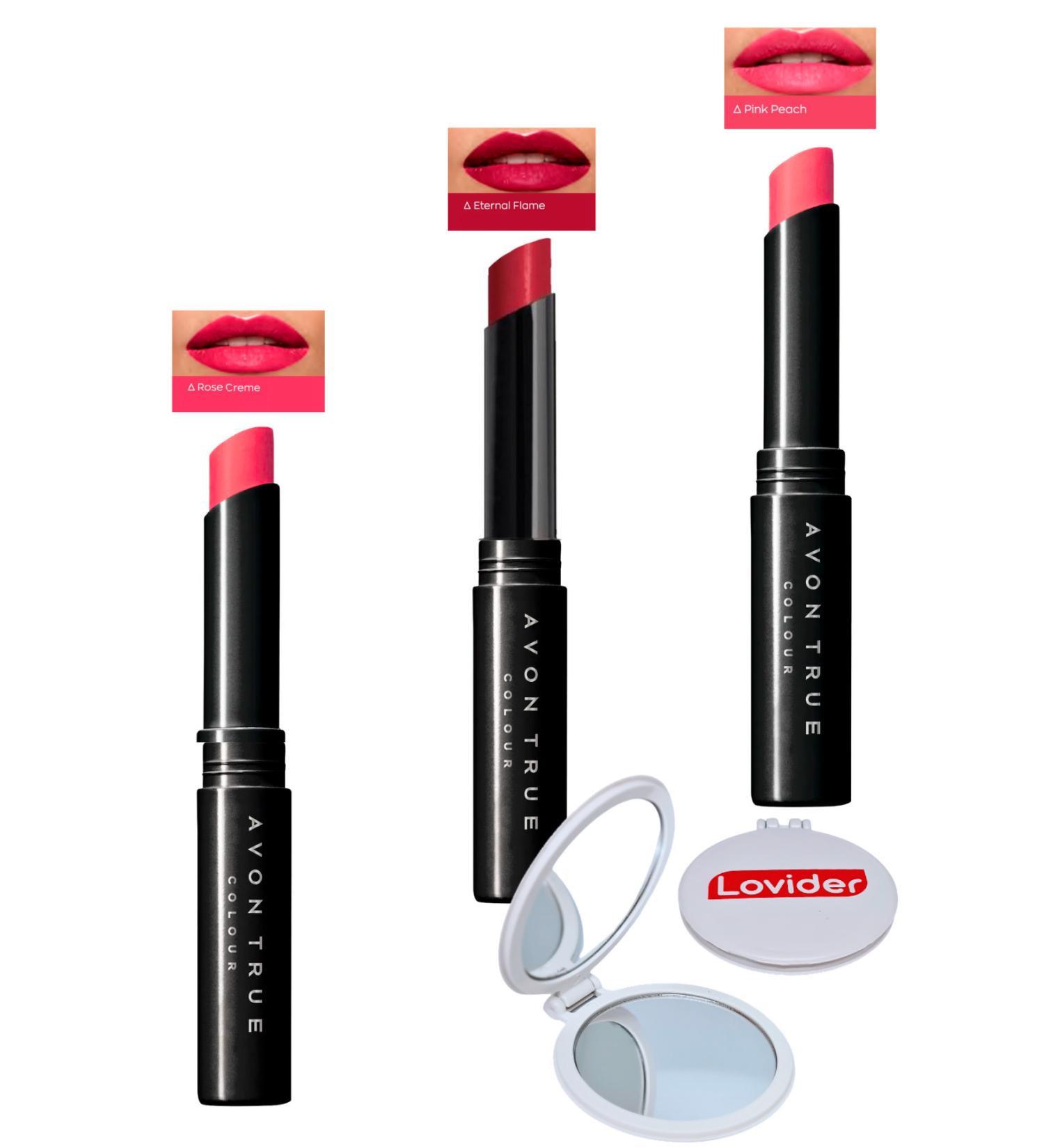 Avon Beauty 3-Pack Lipstick - Rose Creme + Eternal Flame + Pink Peach + Lovider Pocket Mirror