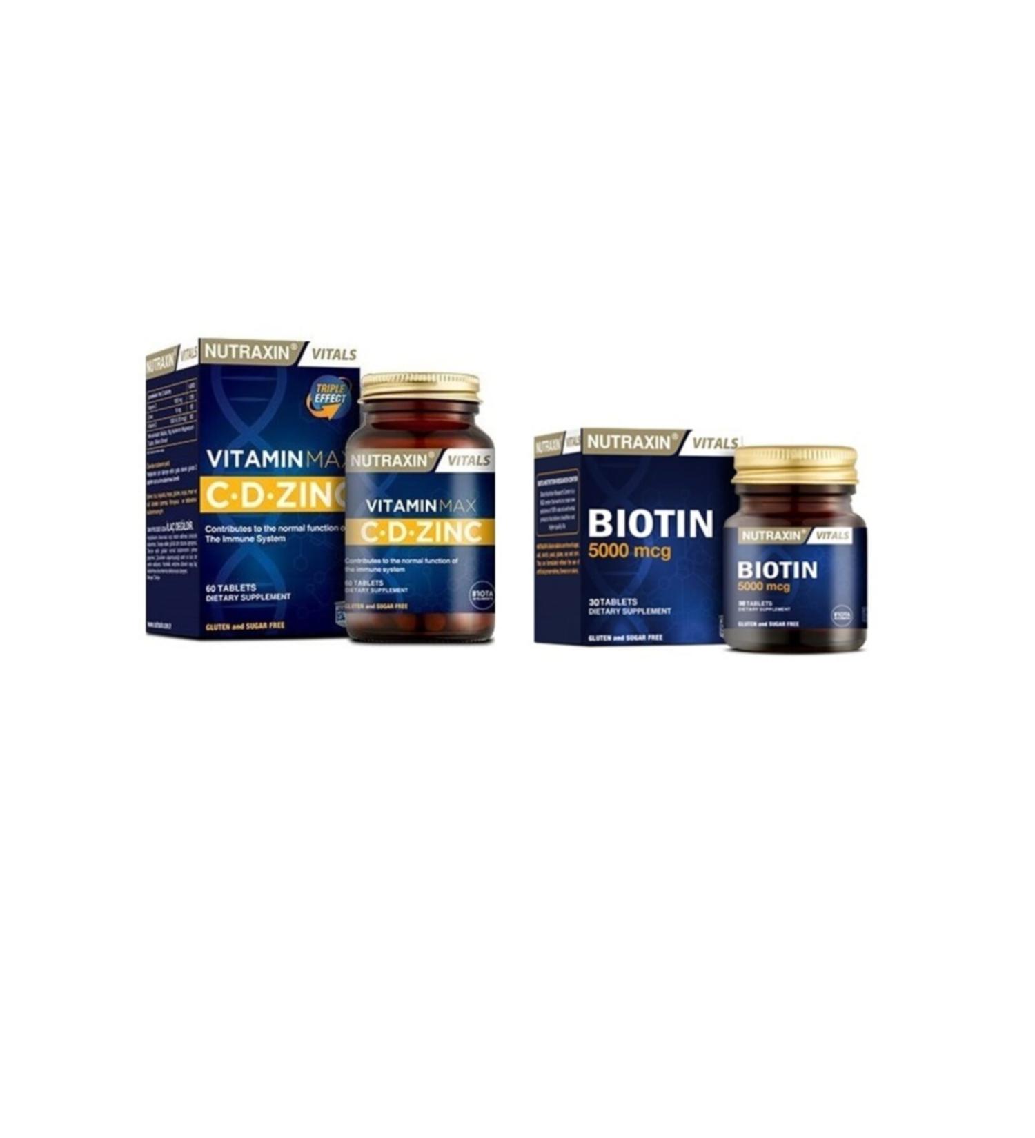 Nutraxin 1000 mg Vitamin C 1000 Iu Vitamin D and 10 mg Zinc 60 Tablets + 5000 Mcg Biotin 30 Tablets