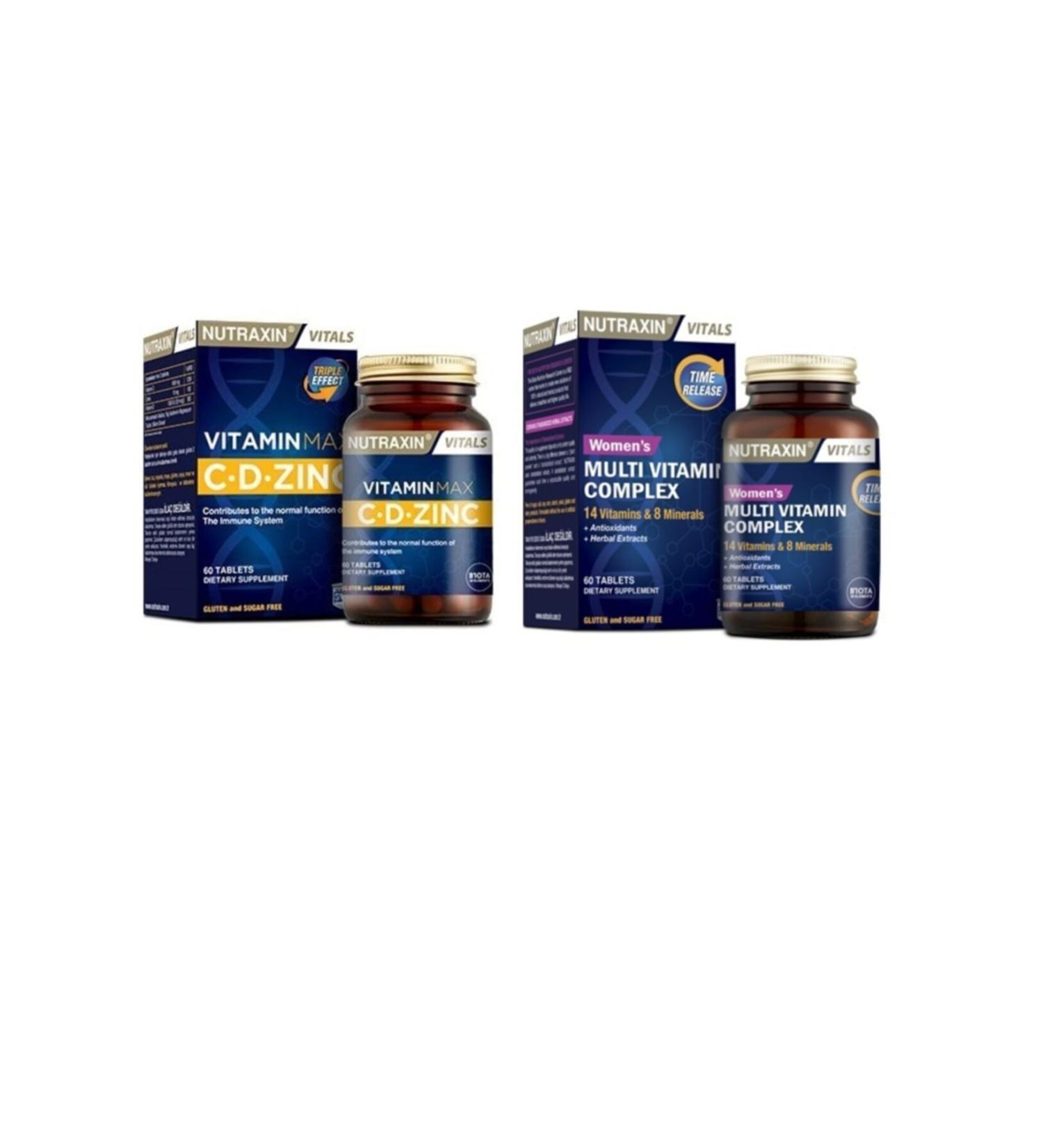 Nutraxin 1000 mg Vitamin C 1000 Iu Vitamin D and 10 mg Zinc (vitamin Max) + Multivitamin Women 60 Tablets