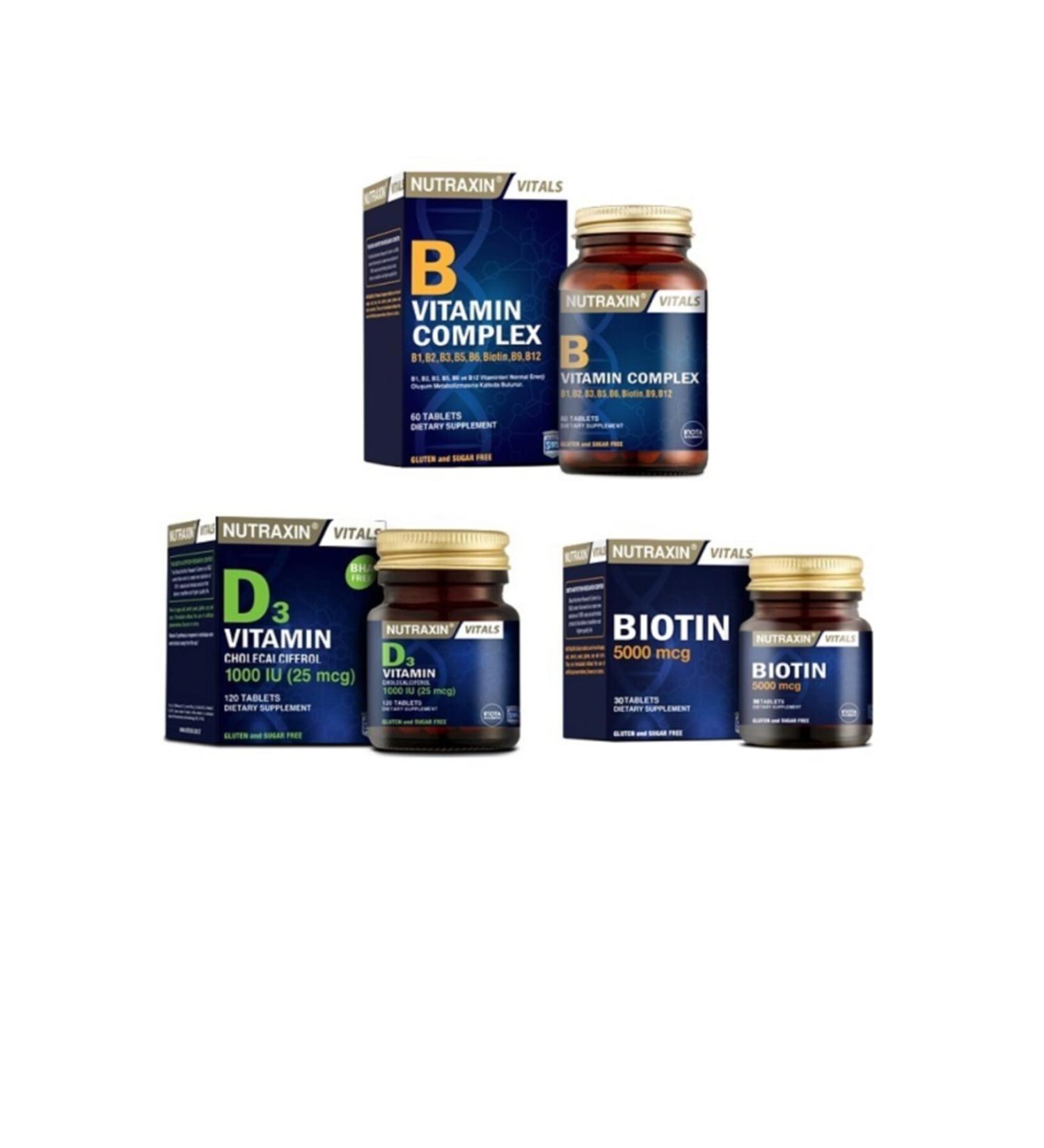 Nutraxin B Vitamin Complex 60 Tablets + Vitamin D3 1000 Iu 120 Tablets + Biotin 5000mcg 30 Tablets