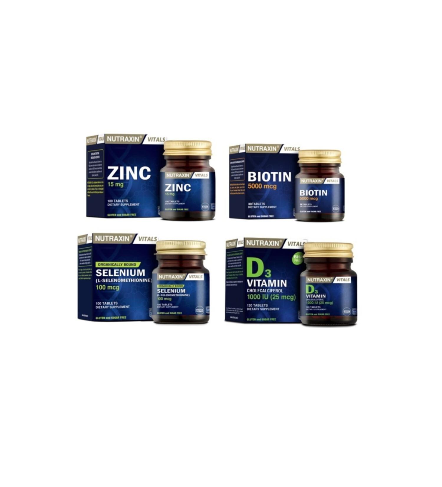 Nutraxin Zinc 15 Mg 100 Tablets Vitamin D3 120 Tablets Biotin 30 Tablets Selenium 100 Tablets