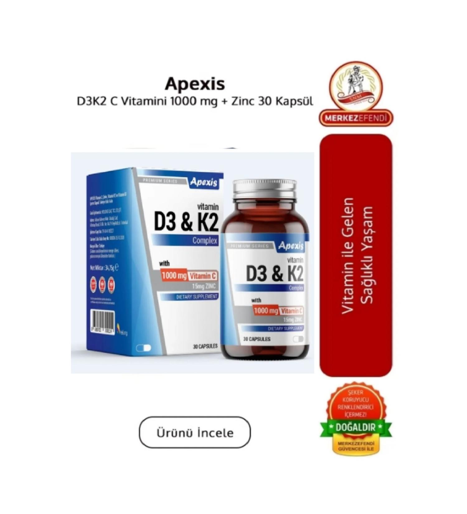 Apexis D3k2 Vitamin C 1000 Mg + Zinc 30 Capsules