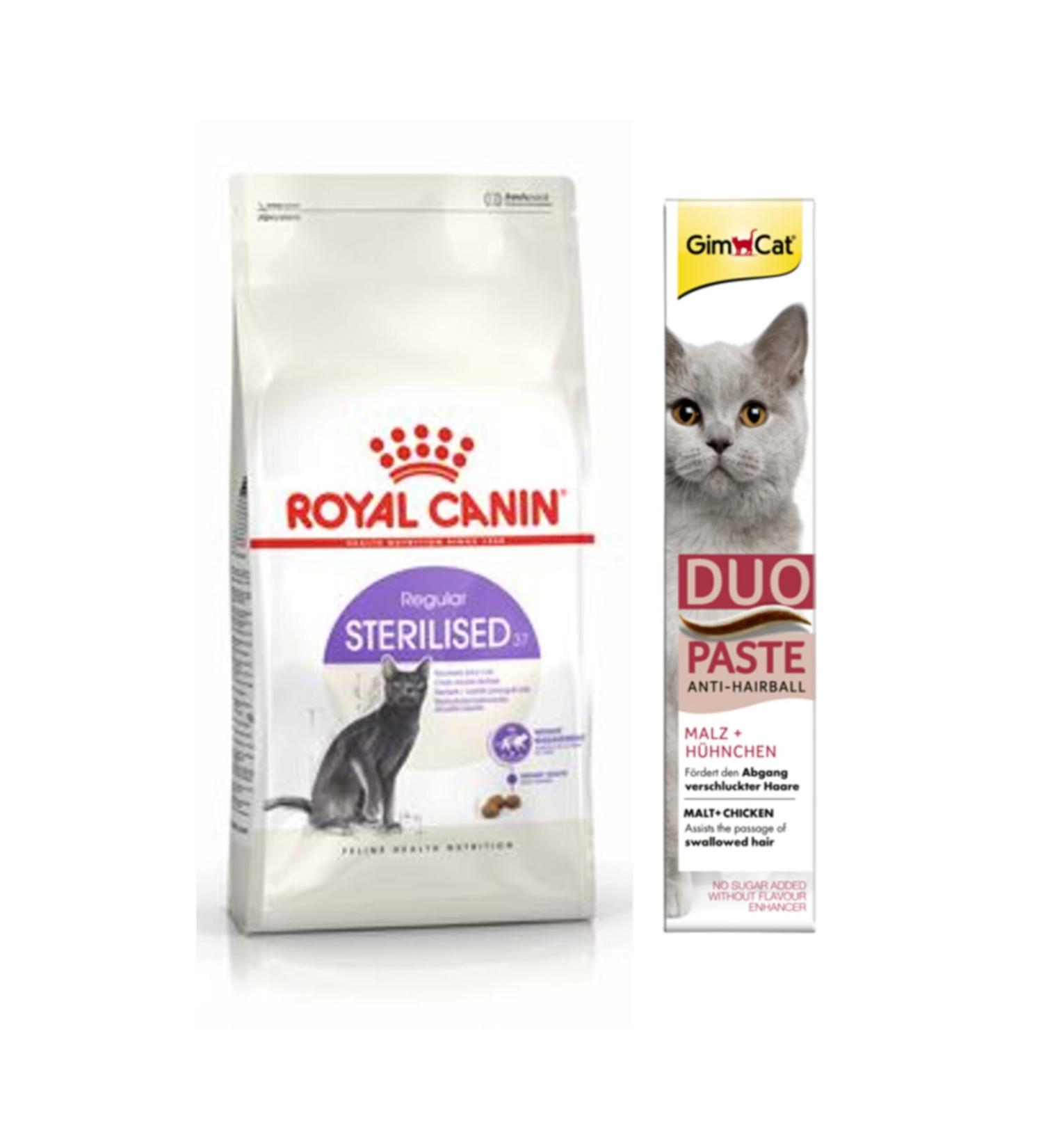Royal Canin Sterilized 37 Neutered Cat Dry Food 2 Kg + Gimcat Duo Paste Chicken Anti-hairball Malt 50gr