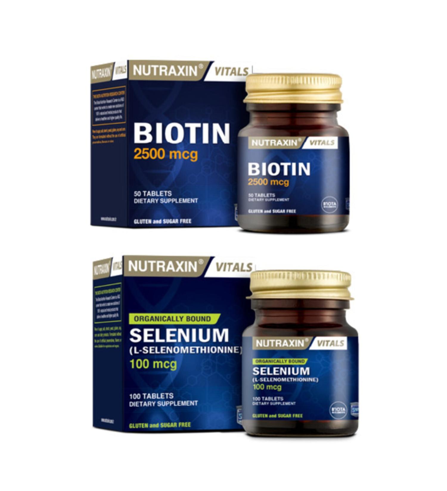 Nutraxin Vitamin and Mineral Supplement Biotin 2500 Mcg 50 Tablets + Selenium 100 Mcg 100 Tablets - Buy Online on GoSupps.com