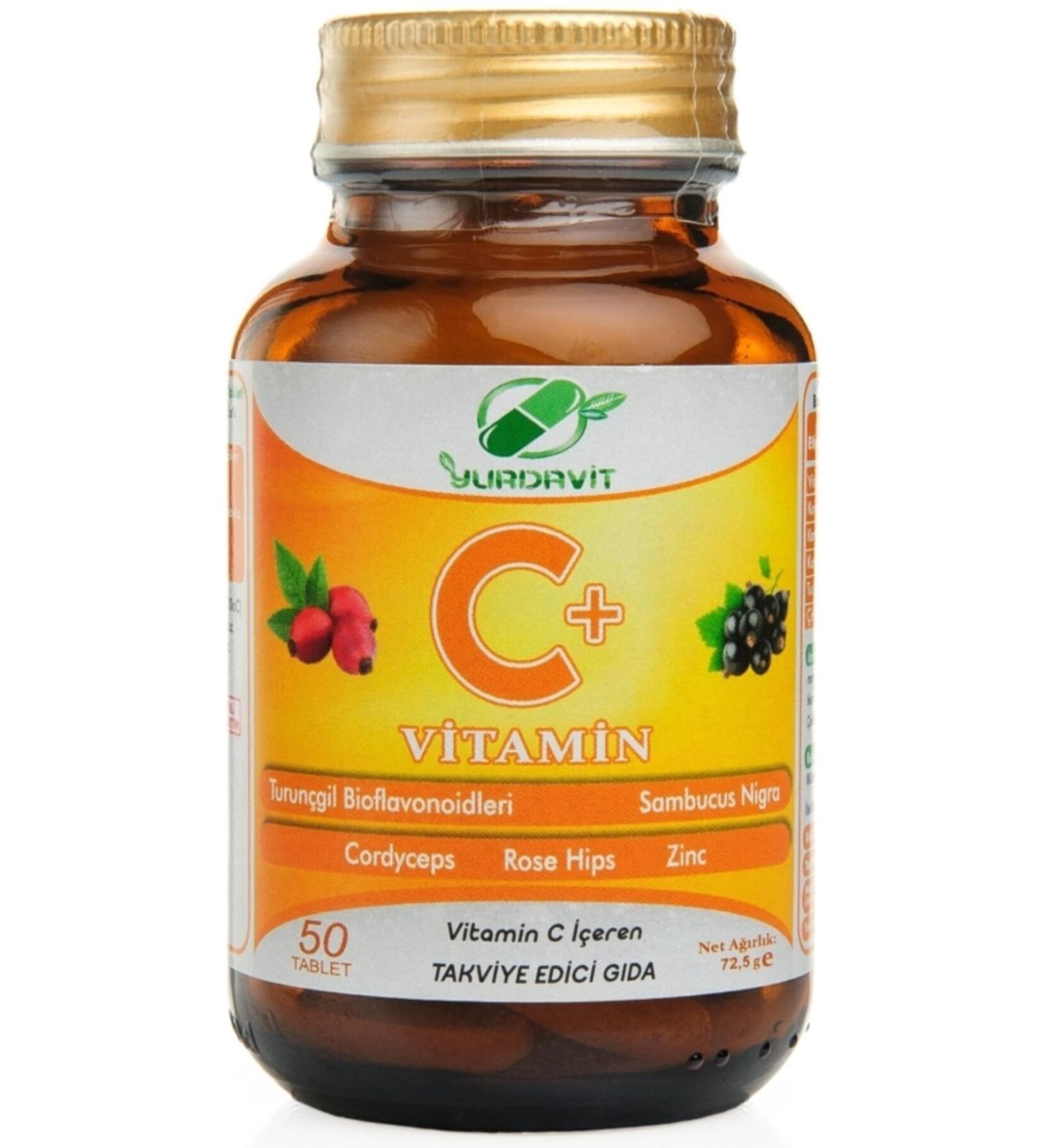 Yurdavit Vitamin C 1000 Mg Black Elderberry Rosehip Zinc Cordyceps Mushroom Citrus 50 Tablets
