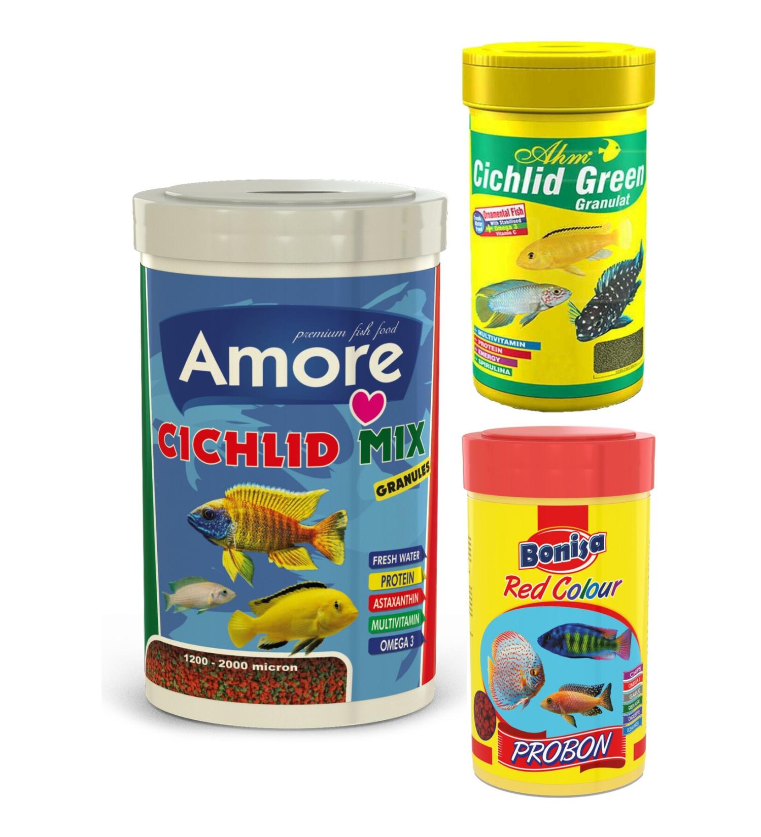 AMORE Malawi Cichlid Mix 1000ml Ahm Giclet Green 250ml Probon Red Color 250ml Box Fish Food