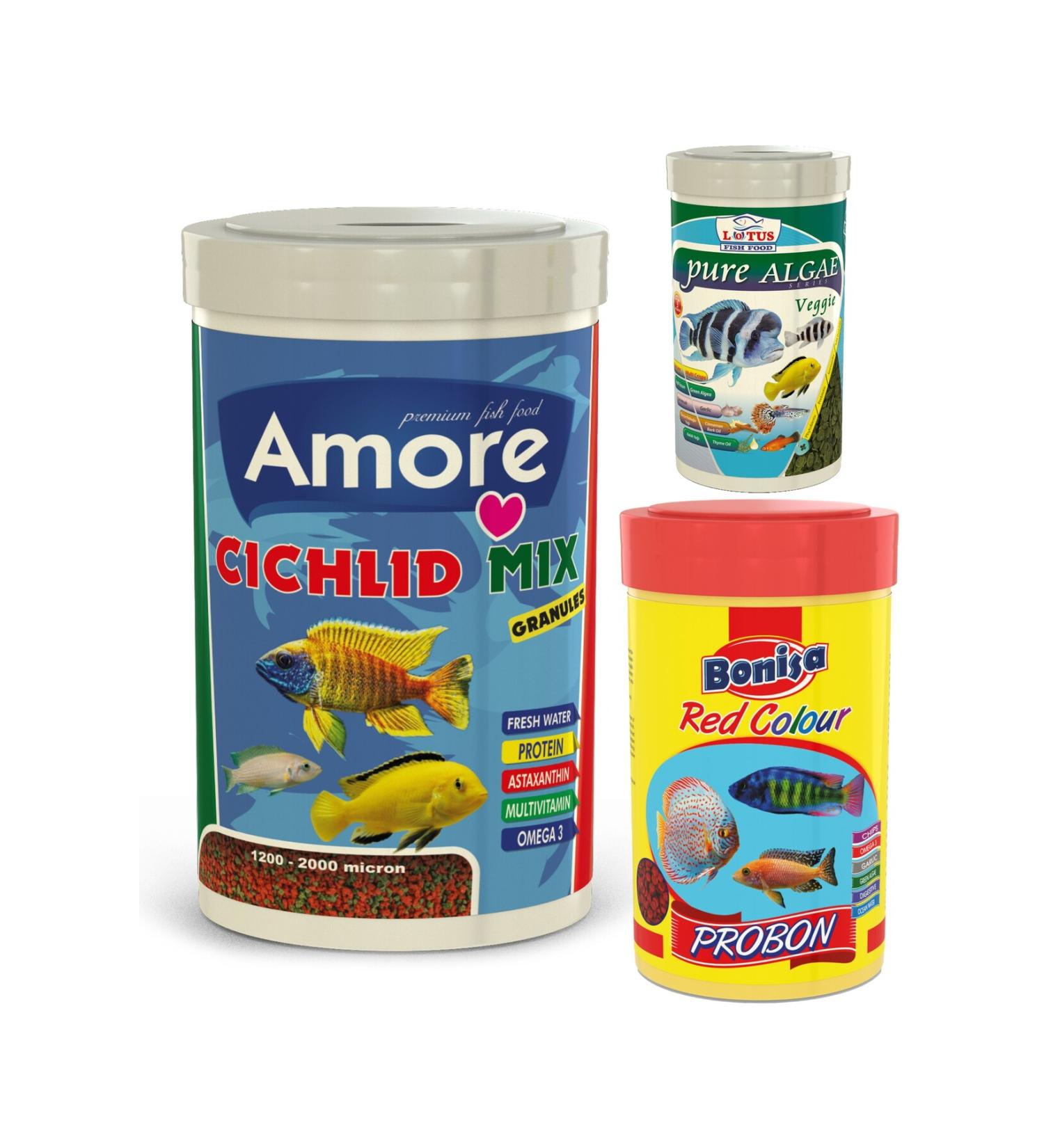 AMORE Malawi Cichlid Mix 1000ml Probon Red Color 250ml Pure Algae Veggie 100ml Box Fish Food
