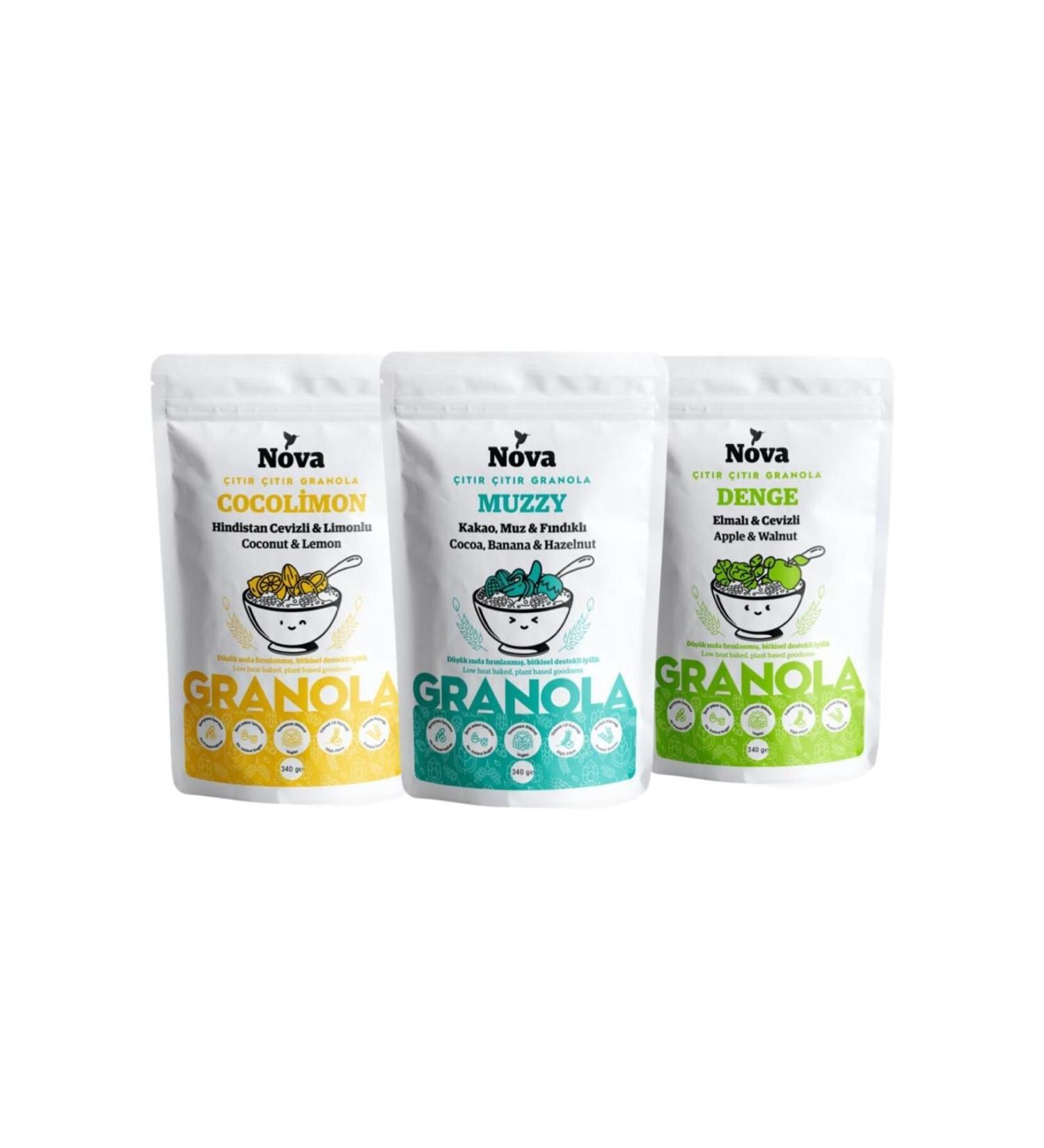 Nova Granola Mix Package 4 (COCONUT AND LEMON-COCOA BANANA AND HAZELNUT-APPLE AND WALNUT) 340 gr X 3
