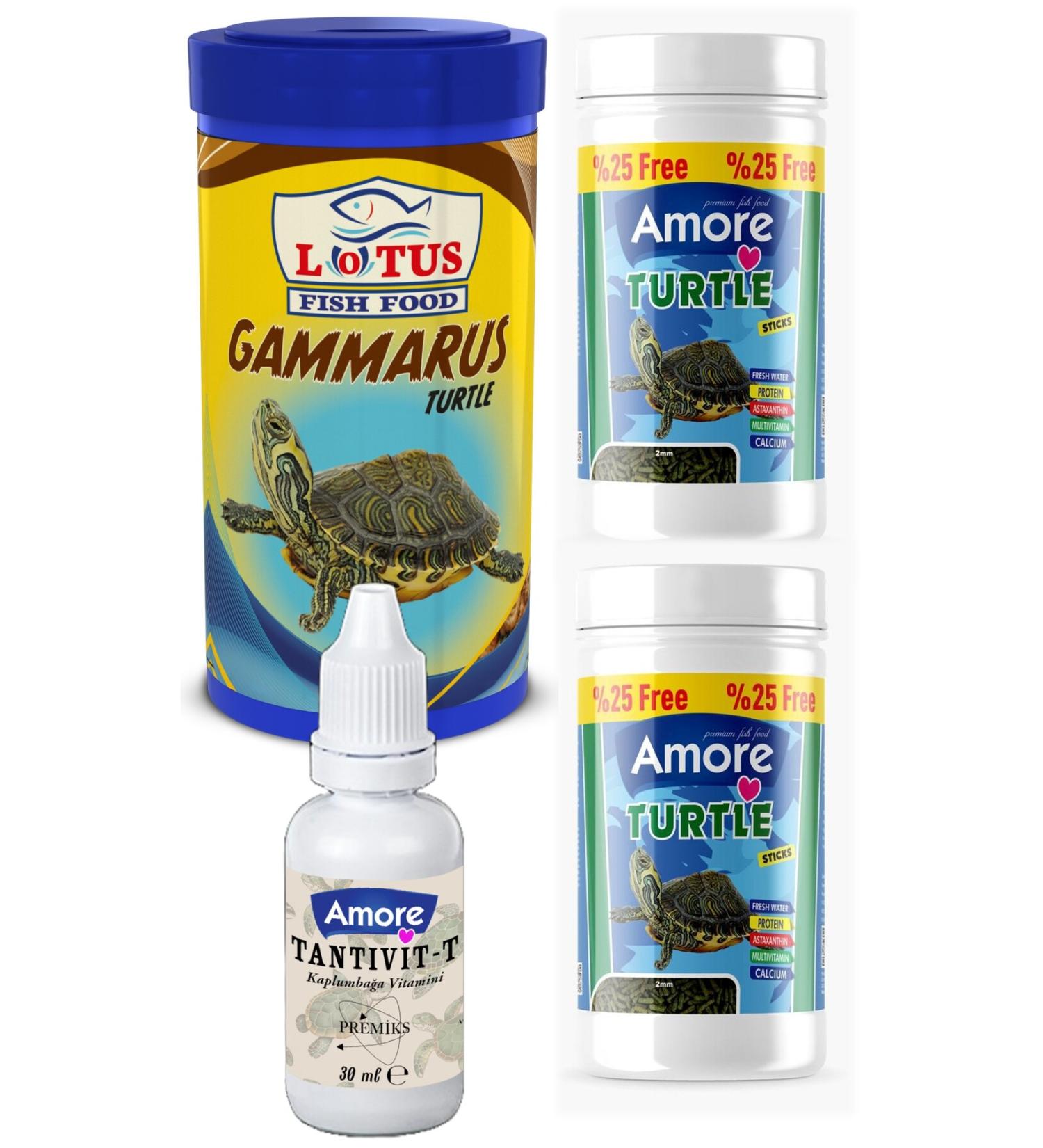 AMORE Turtle Green Sticks 2x125ml Lotus Gammarus 250ml Reptile and Turtle Food Multivitamin