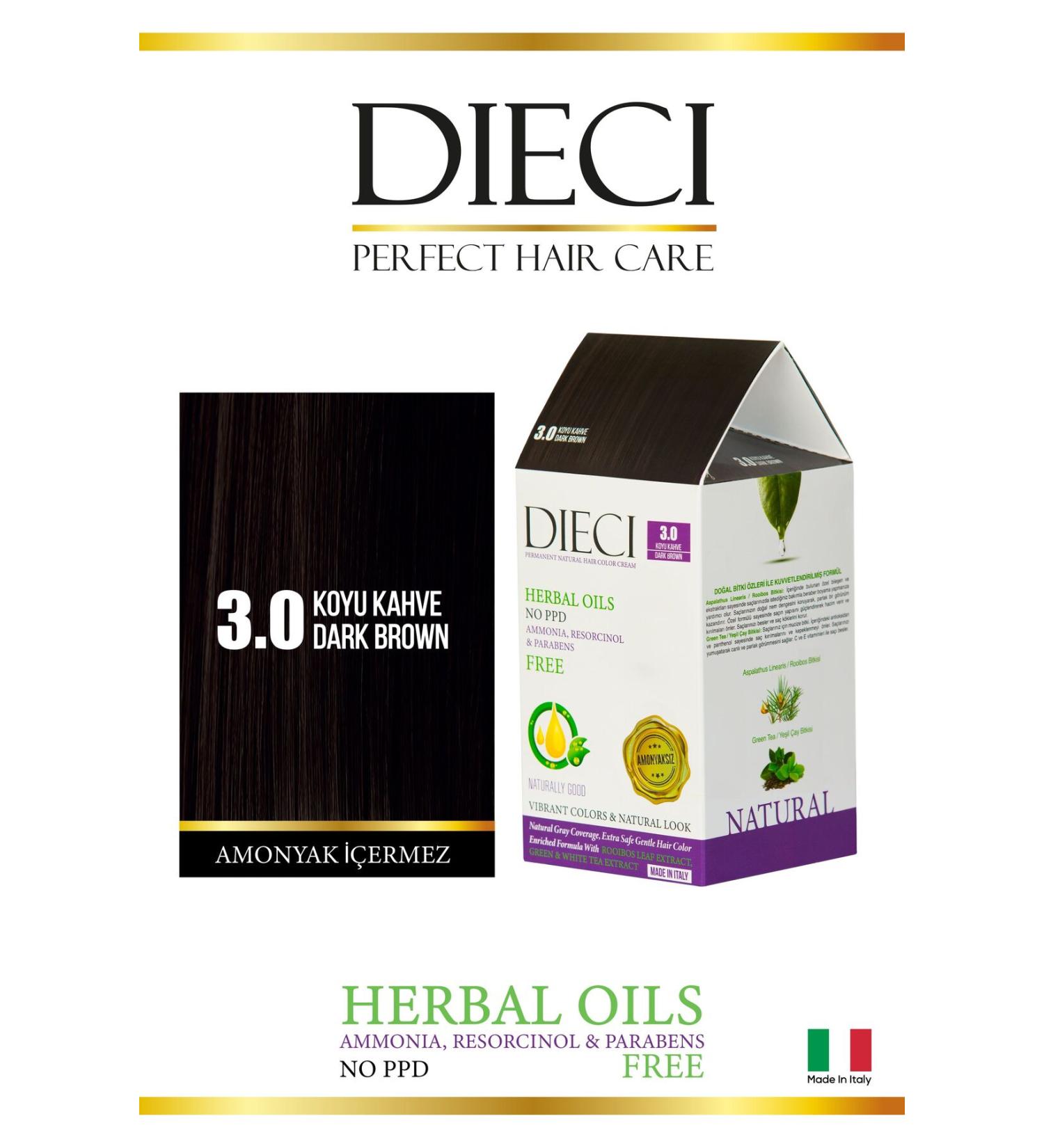 Dieci Ammonia Free Kit Hair Dye 3.0 Dark Brown
