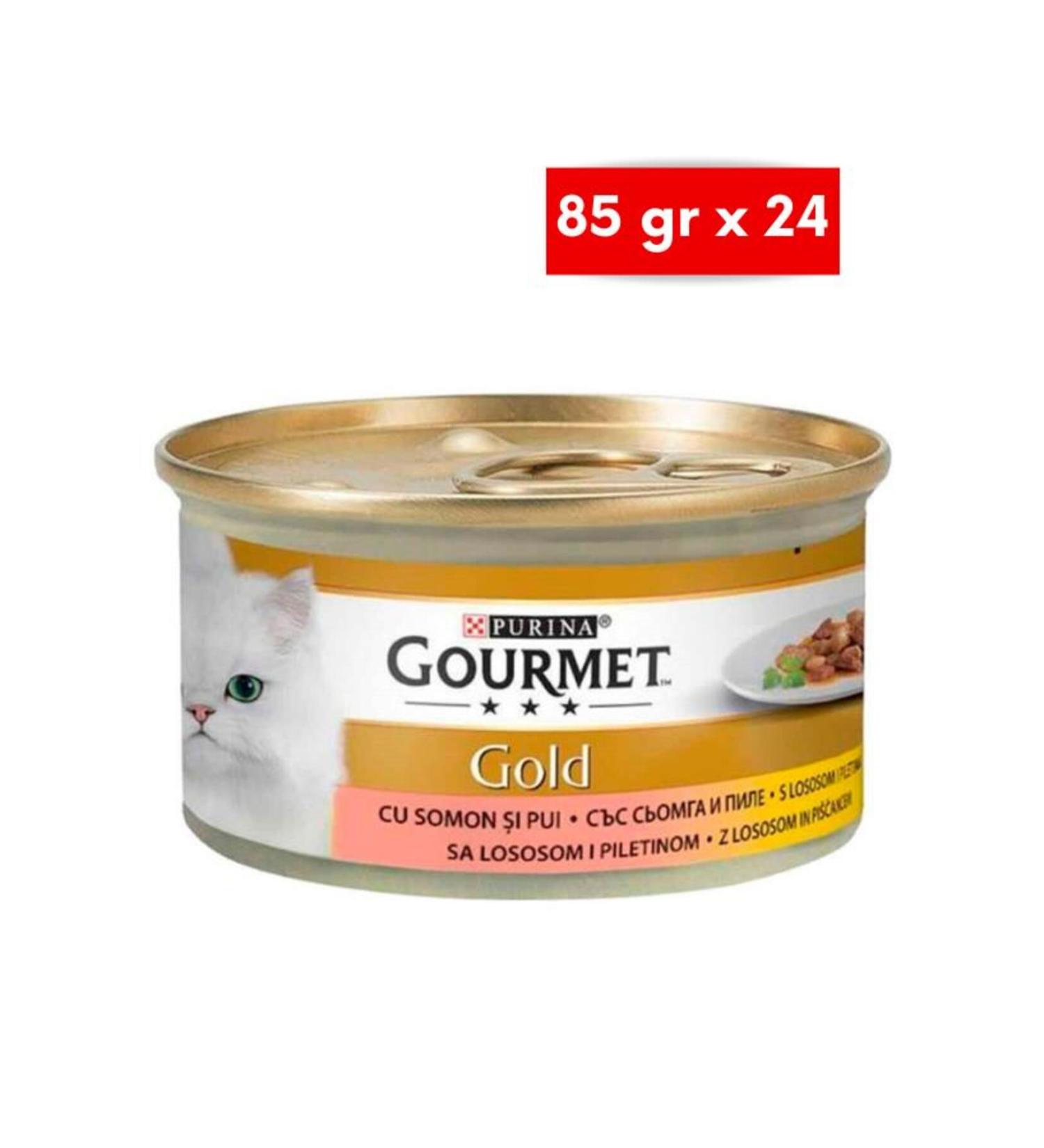 Gourmet Gold Piece Meat Sauce Salmon Chicken Cat Canned Food 85 gr X 24 Pieces
