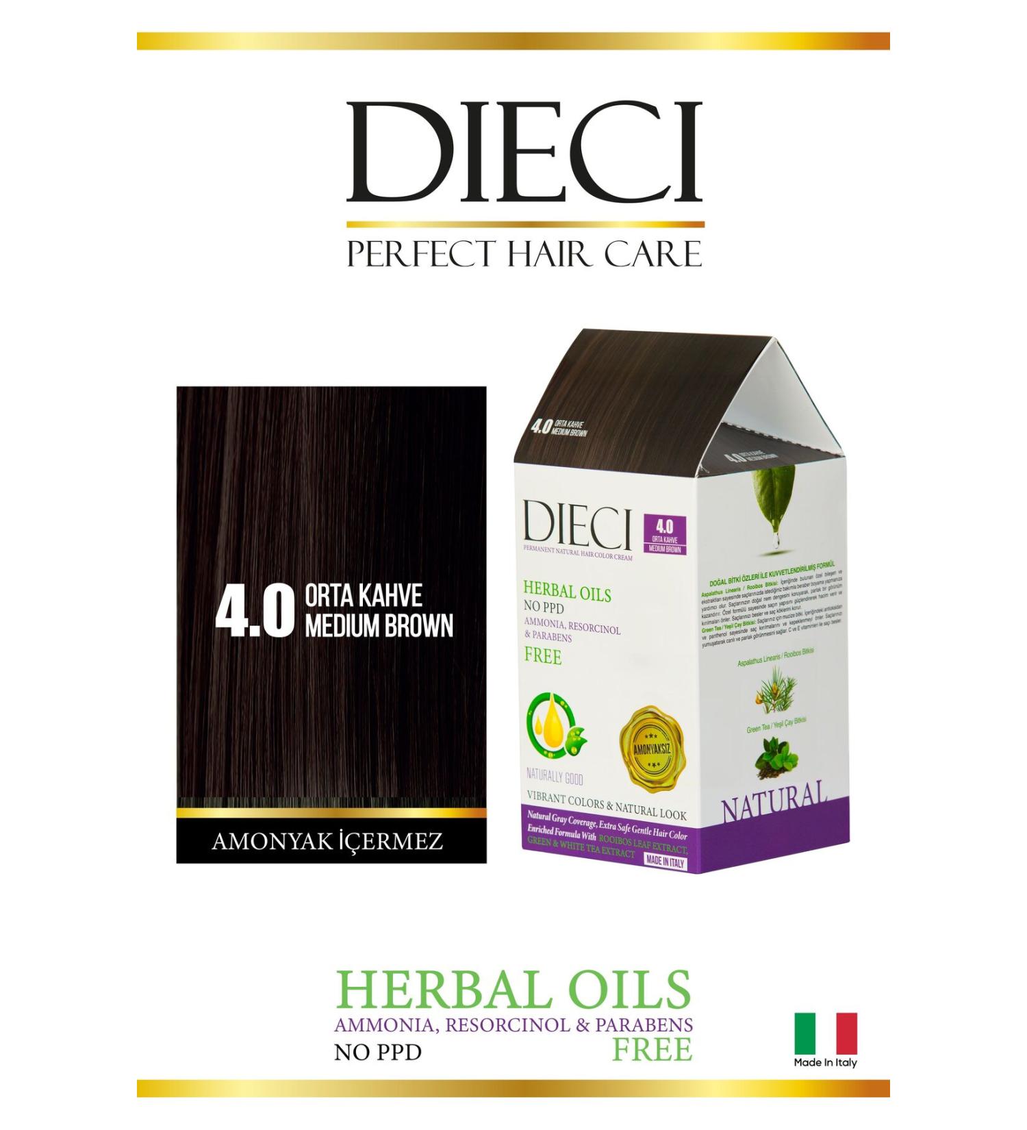 Dieci Ammonia Free Kit Hair Dye 4.0 Medium Brown - Buy Online on GoSupps.com