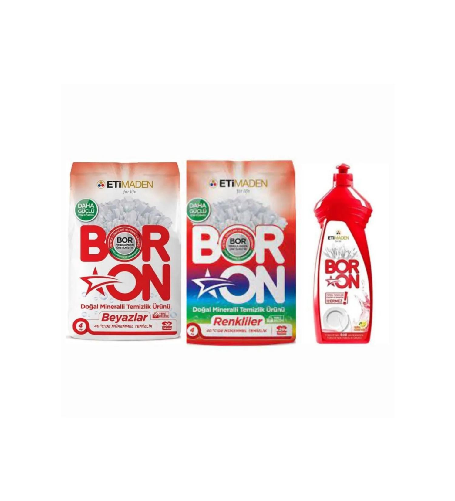 Eti Maden Boron Cleaning Set 3 Pieces Colored Powder 4 Kg + White Powder 4 Kg + 1 Hand Dish Detergent + Shine