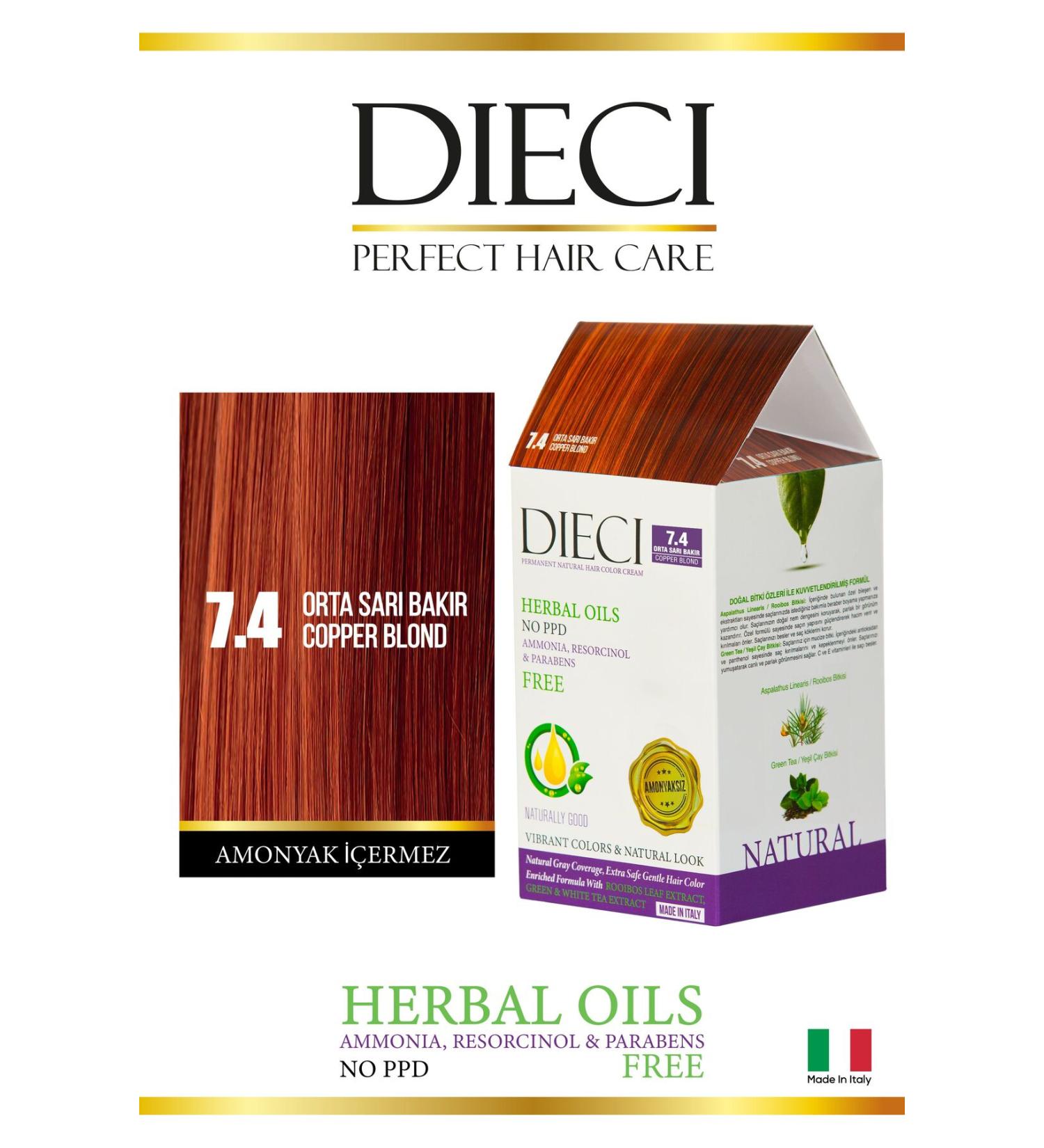 Dieci Ammonia Free Kit Hair Dye 7.4 Medium Blonde Copper