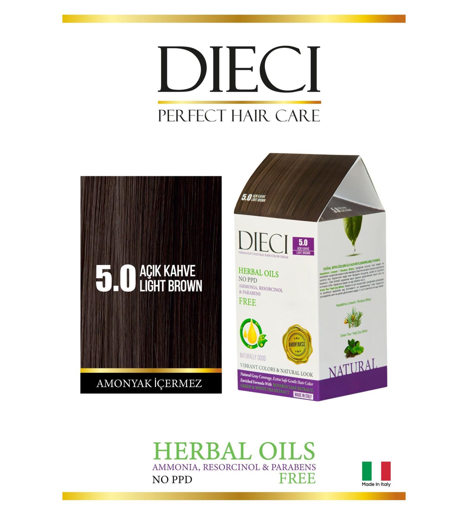Dieci Ammonia Free Kit Hair Dye 5.0 Light Brown - Buy Online on GoSupps.com