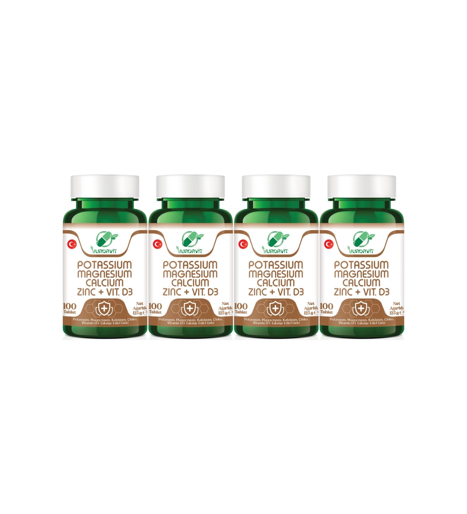 Yurdavit Potassium Magnesium Calcium Zinc Vitamin D3 4x100 Tablets
