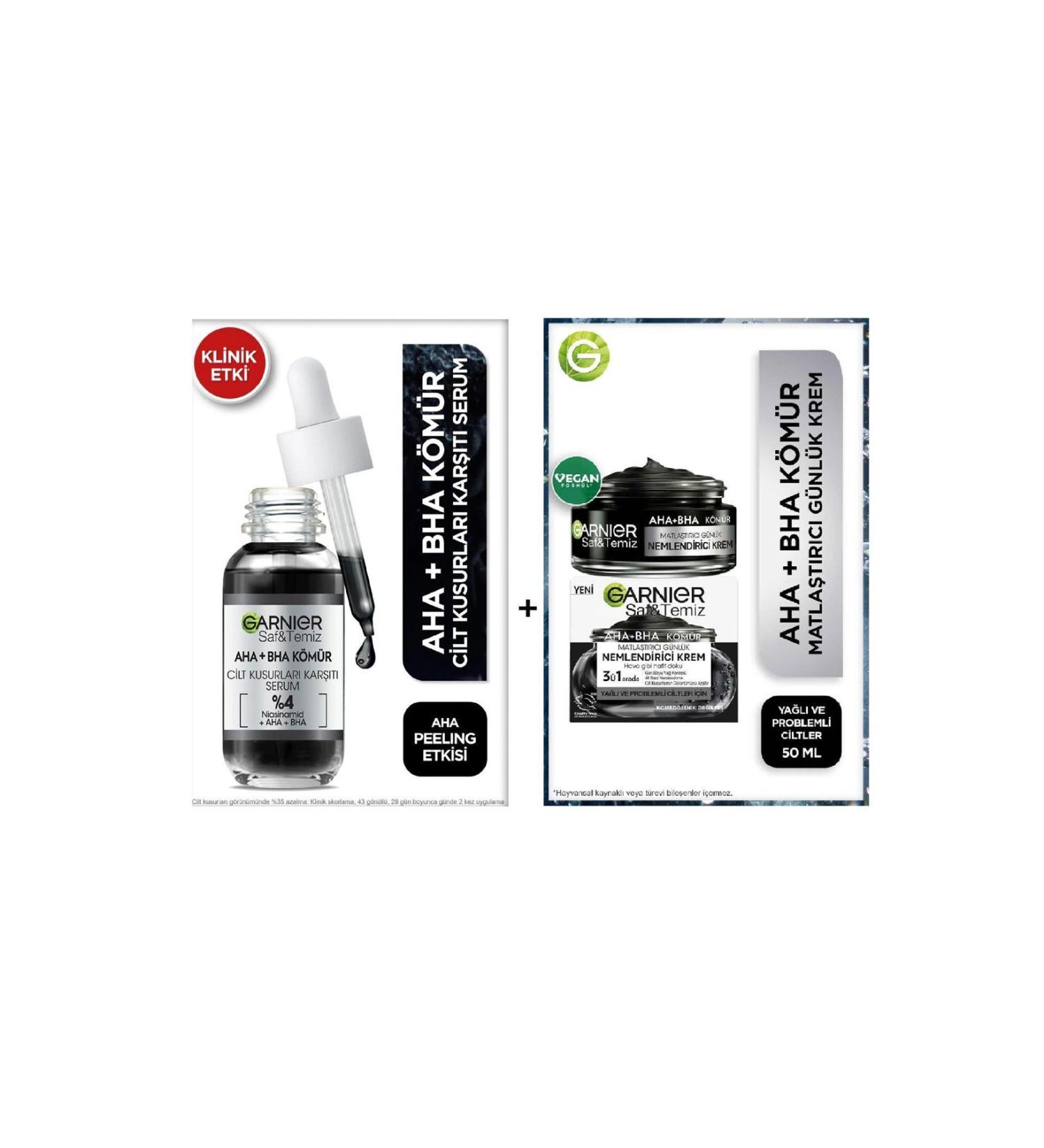 Garnier Pure & Clean Charcoal Mattifying Moisture Cream 50ml & Aha Bha Anti-Imperfection Serum 30ml - Buy Online on GoSupps.com