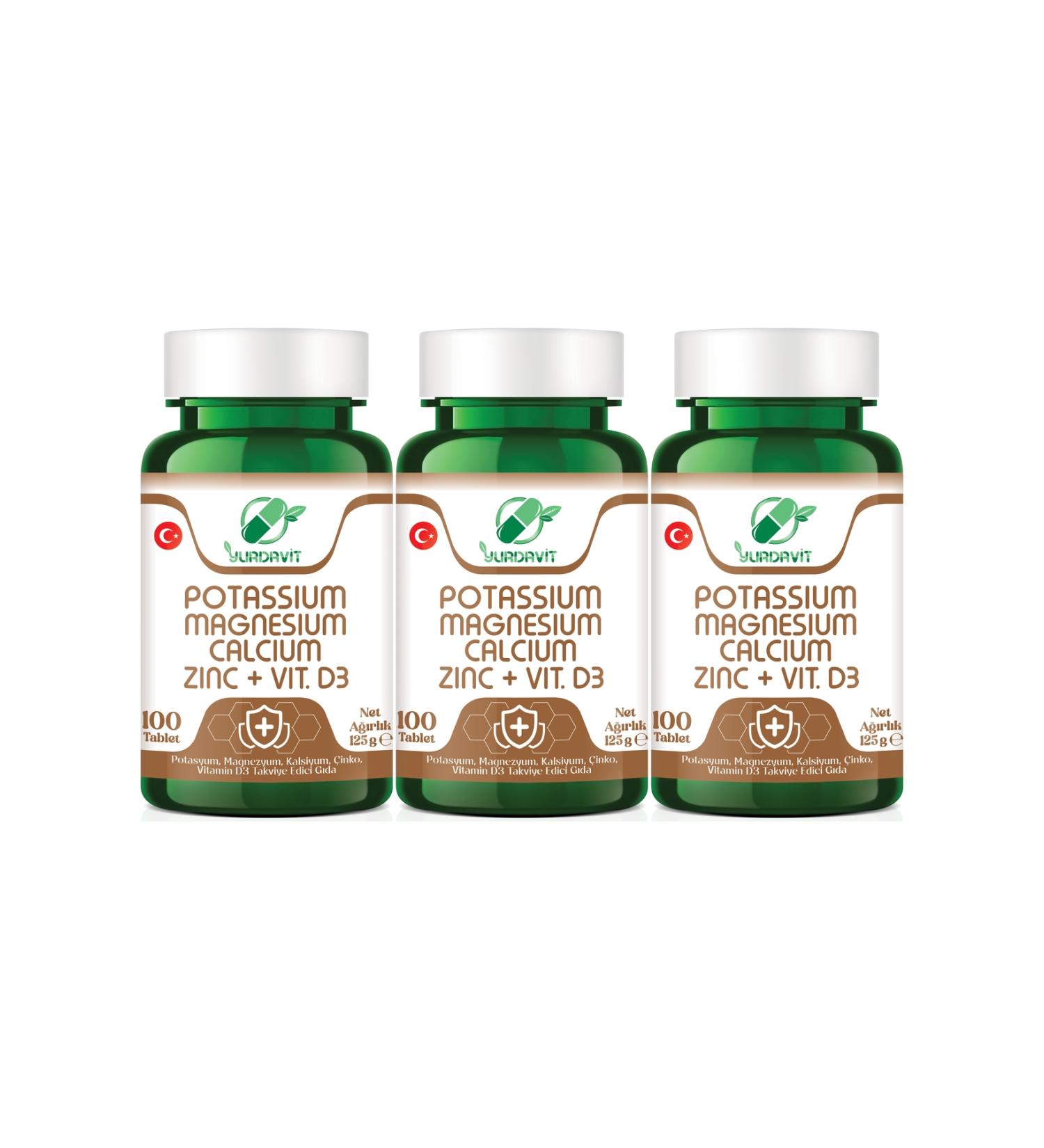 Yurdavit Potassium Magnesium Calcium Zinc Vitamin D3 3x100 Tablets