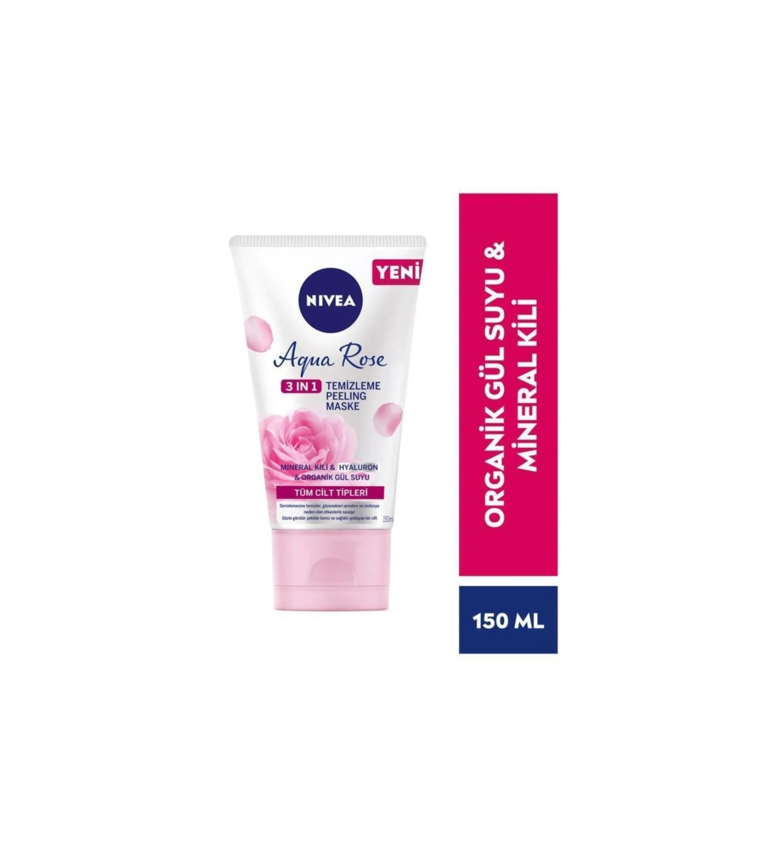 NIVEA Aqua Rose 3in1 Facial Cleansing Peeling Mask Organic Rose Water Hyaluron Mineral Clay 150 Ml