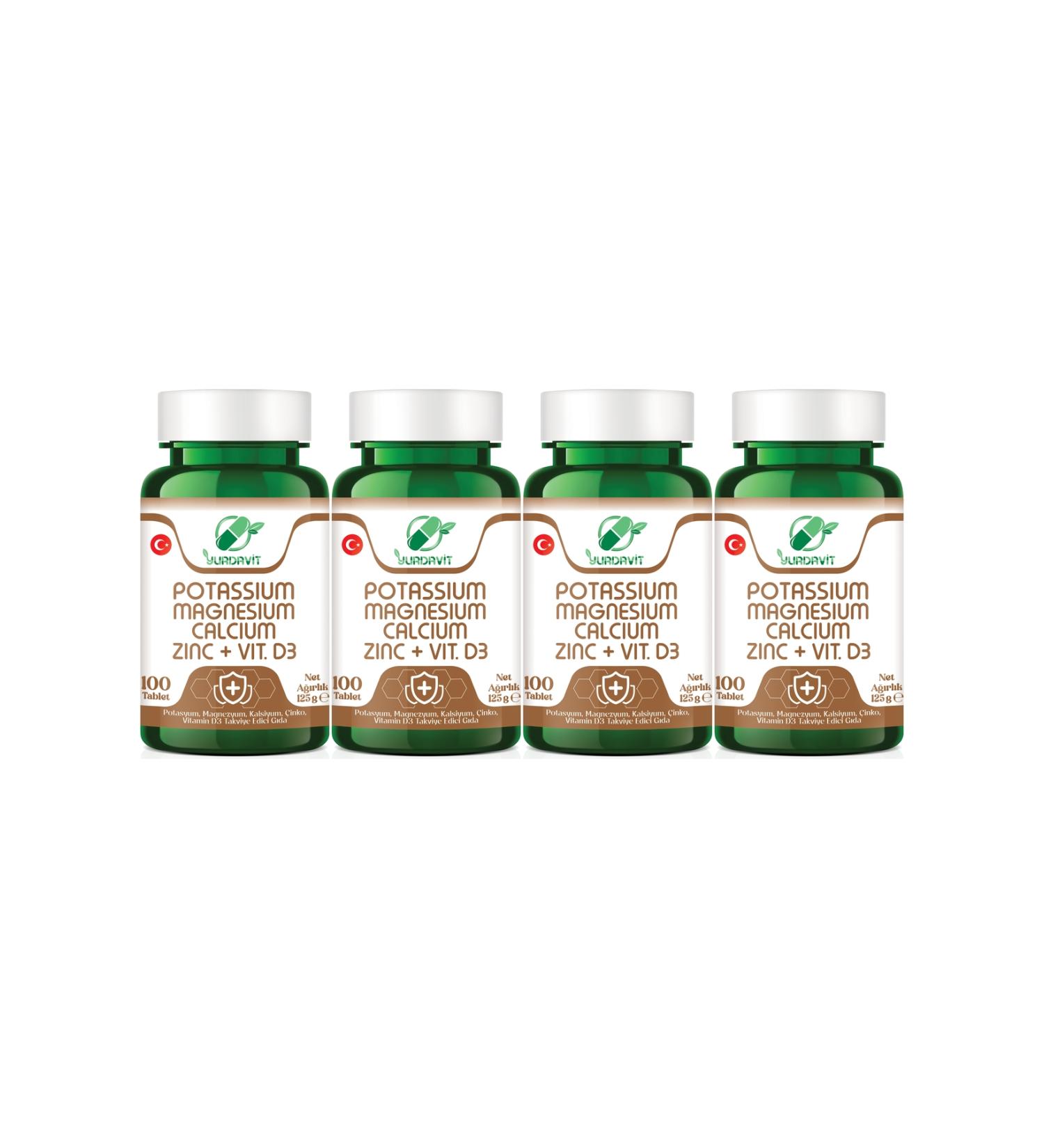 Yurdavit Calcium Magnesium Potassium Kalium Zinc Vitamin D3 4x100 Tablets - Buy Online on GoSupps.com