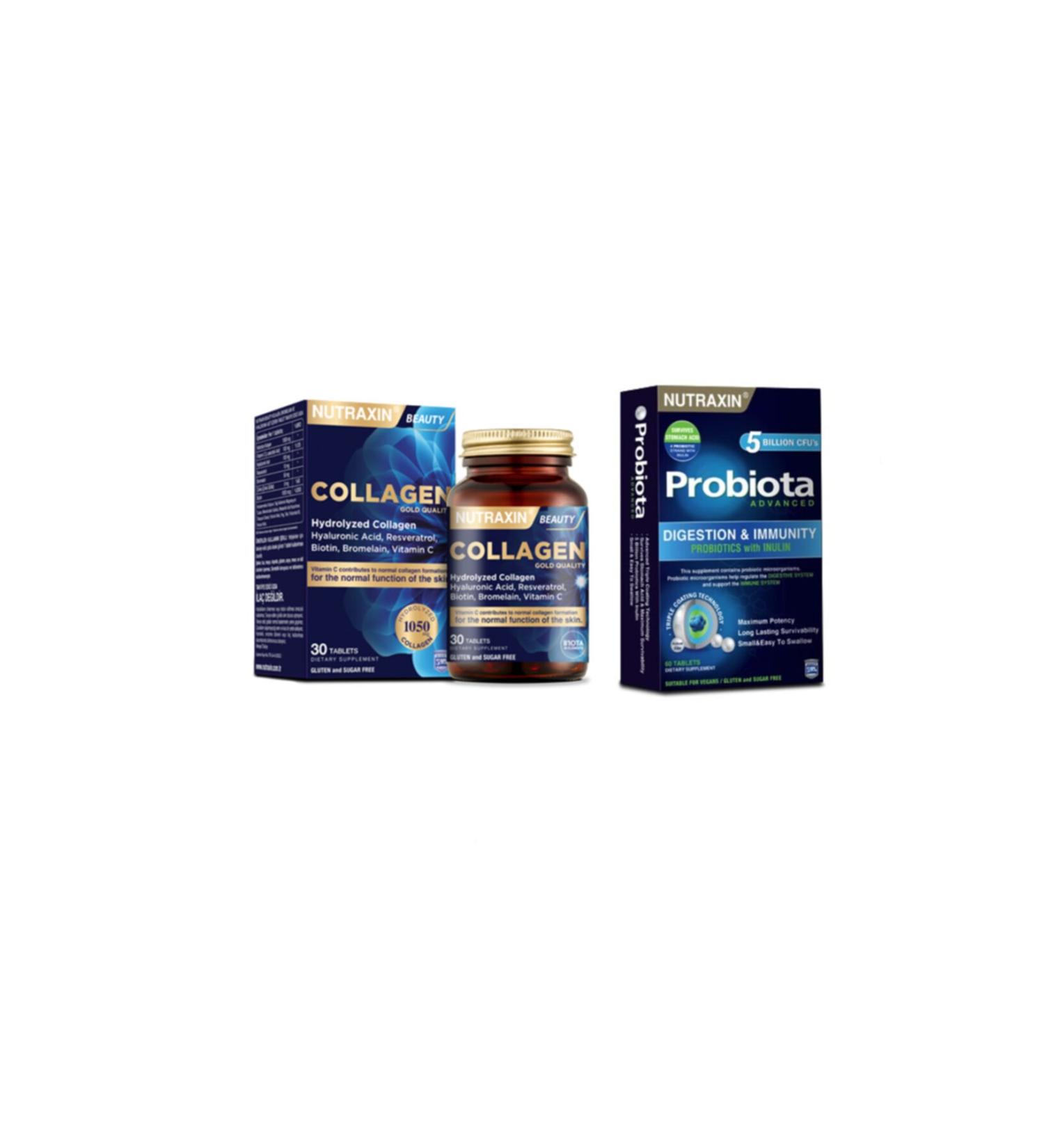 Nutraxin Hyaluronic Acid Resveratrol Biotin Zinc Containing Hydrolyzed Collagen 30 Tablets + Probiota 60 Tablets