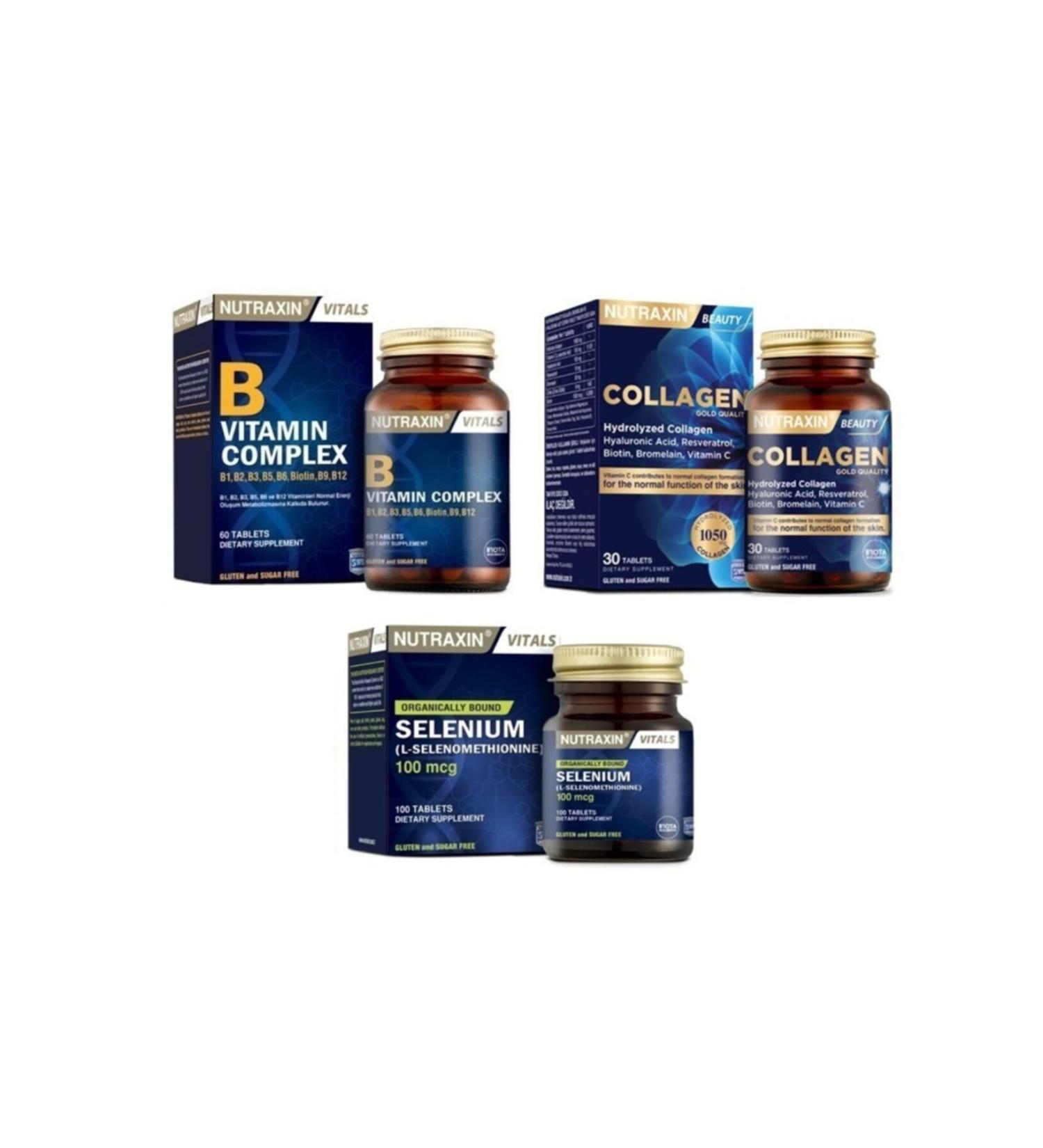 Nutraxin Selenium 100 Mcg 100 Tablets + Type 1 and Type 3 Hydrolyzed Collagen Containing 30 Tablets + b Complex 60 Tablets