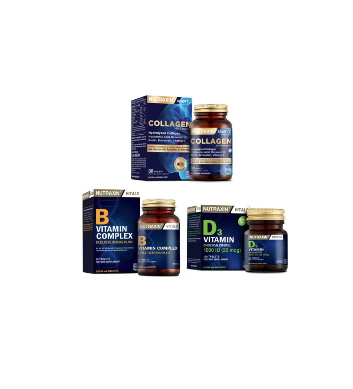 Nutraxin Collagen Supplement 1050 Mg 30 Tablets +b Vitamin Complex 60 Tablets +d3 Vitamin 120 Tablets