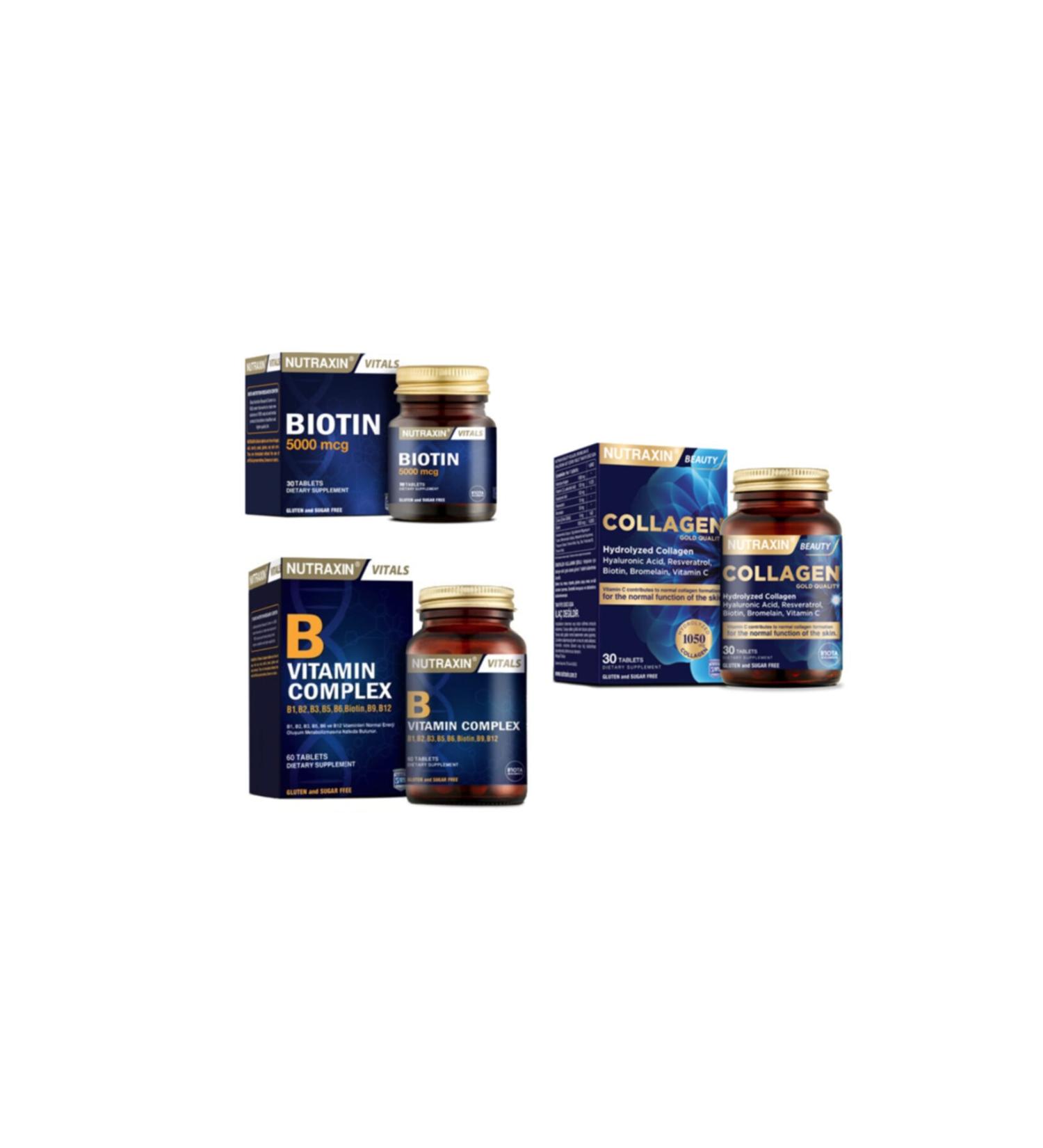 Nutraxin Collagen Supplement 1050 Mg 30 Tablets + B Vitamin Complex 60 Tablets + Biotin 5000 Mcg 30 Tablets
