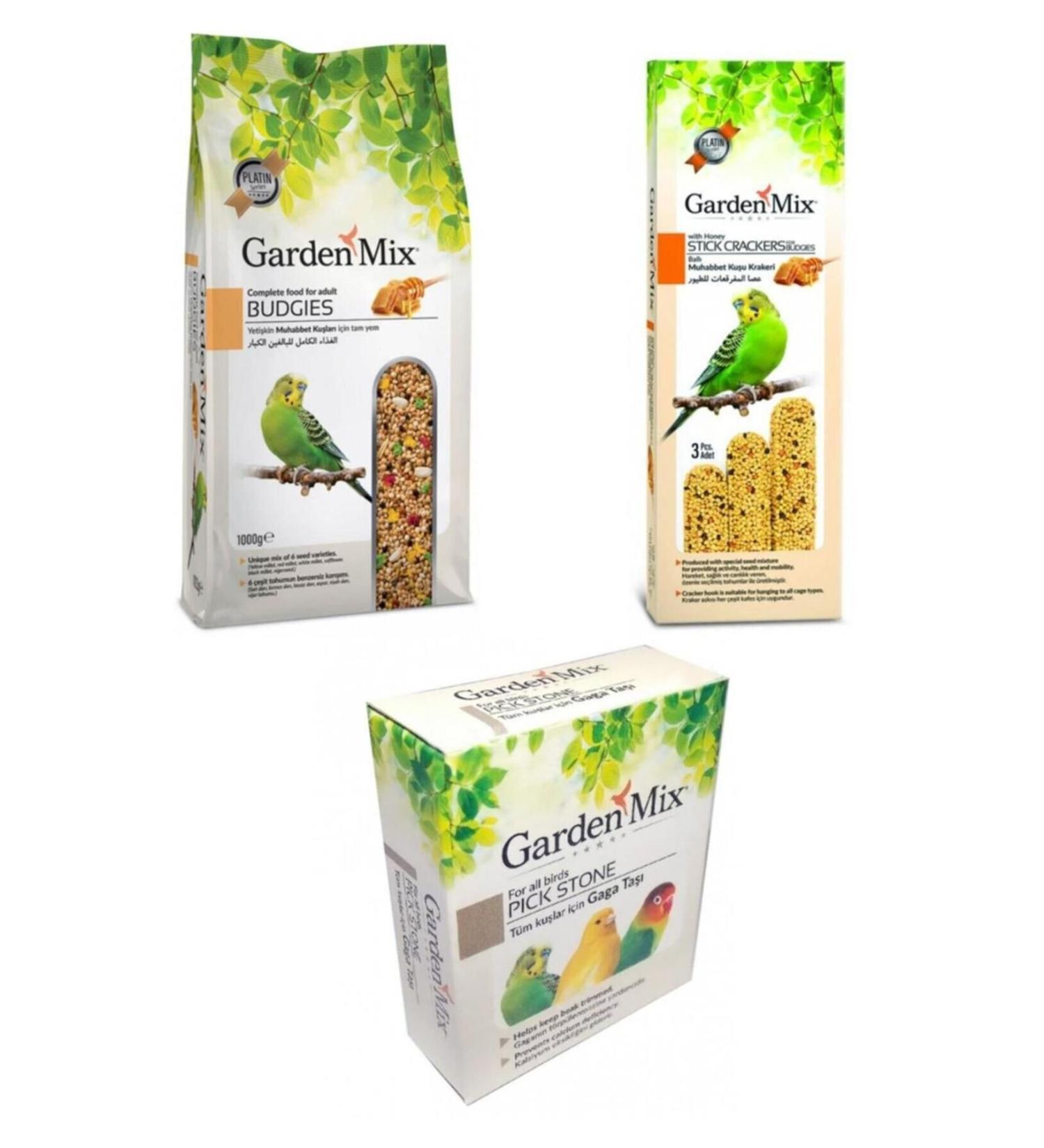 Gardenmix Budgie Care Kit 3-Piece Honey Bird Food 1 Kg - Beak Stone-Honey Bird Cracker - Buy Online on GoSupps.com