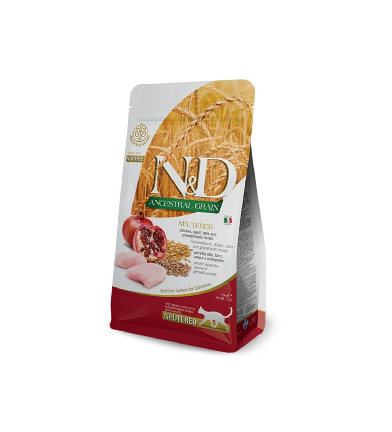 N & D Ancestral Grain Neutered Low Grain Chicken and Pomegranate Sterilized Cat Food 1.5 Kg