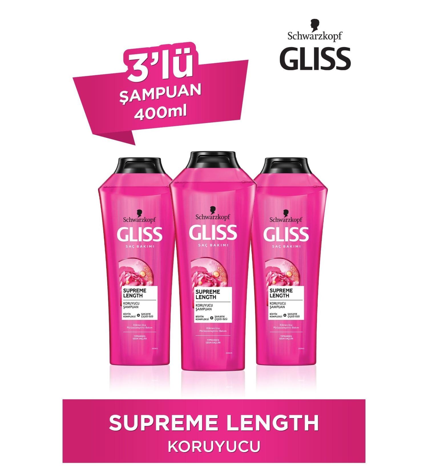 Gliss Supreme Length Protective Shampoo - With Biotin Complex and Peony Flower Extract 400 ml X 3 Pcs - Buy Online on GoSupps.com