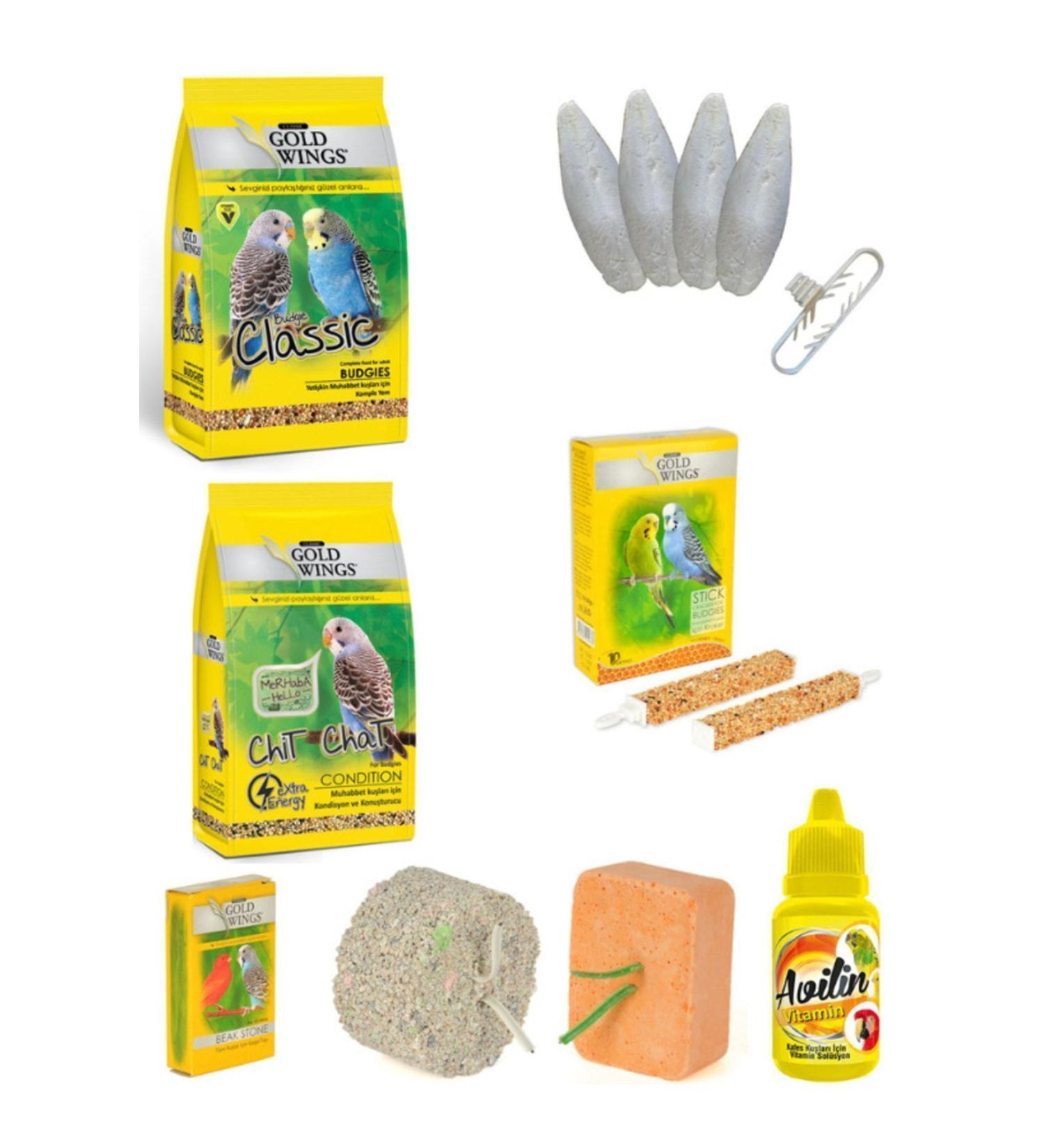 Gold Wings Budgie Needs Kit (food vitamins crackers squid energy block mineral block)