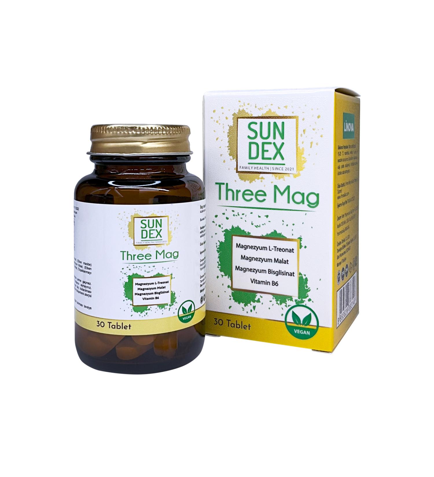 Sun Dex Family Health Since 2021 Three Mag (magnesium L-threonate + Malate + Bisglycinate + Vitamin B6) 30 Tablets