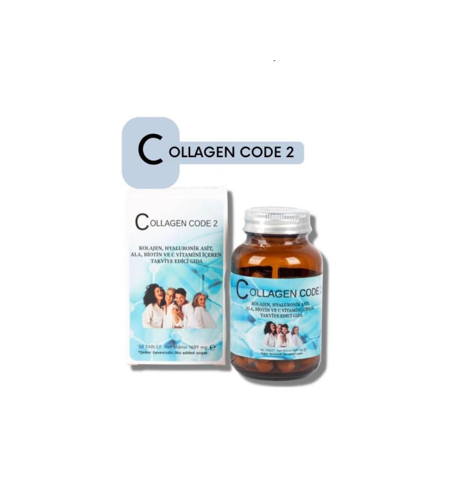 Collagen-Code 2 Collagen Code2 Type1Type2 Hydrolyzed Collagen + Hyaluronic Acid + Vitamin C Containing 30 Tablets Food Supplement