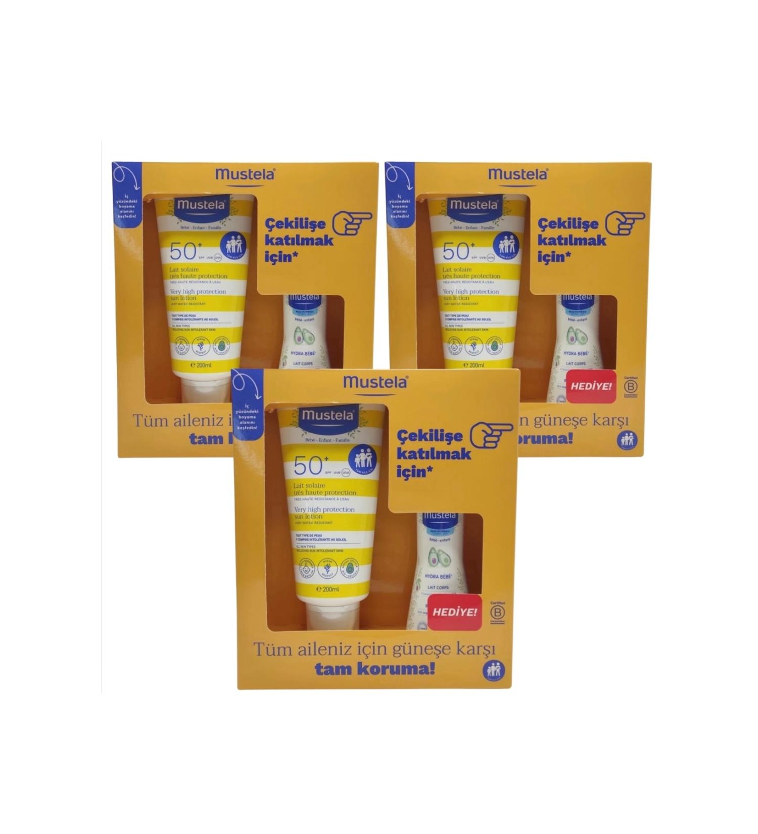 Mustela Spf50+ Sun Lotion 200ml + Hydra baby Body Lotion 100ml x 3 pcs
