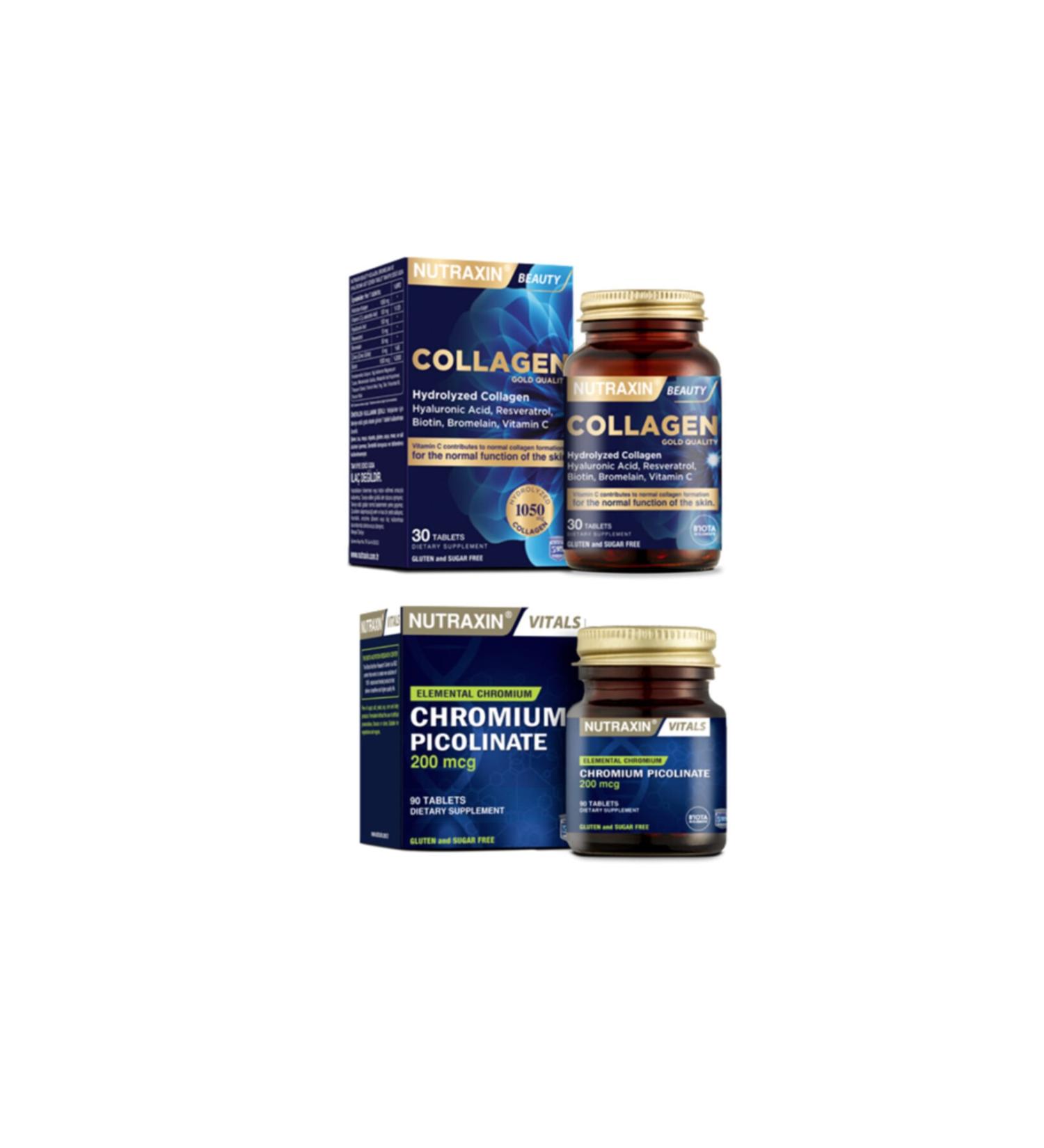 Nutraxin Hydrolyzed Collagen Hyaluronic Acid 30 Tablets + Chromium Mineral Containing Food Supplement 90 Tablets