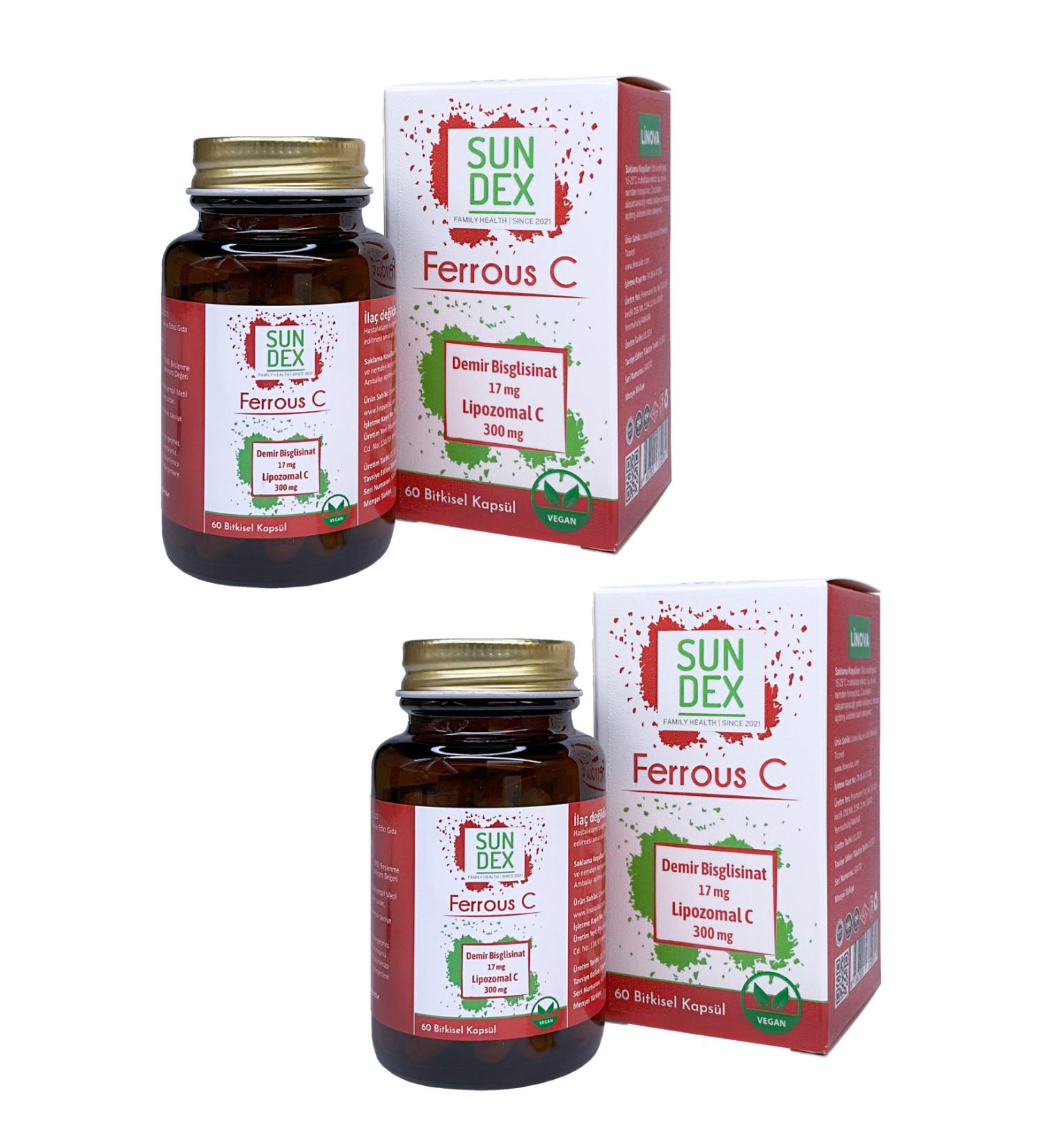 Sun Dex Family Health Since 2021 2 Pack Ferrous C Iron Bisglycinate + Liposomal C 60 Herbal Capsules