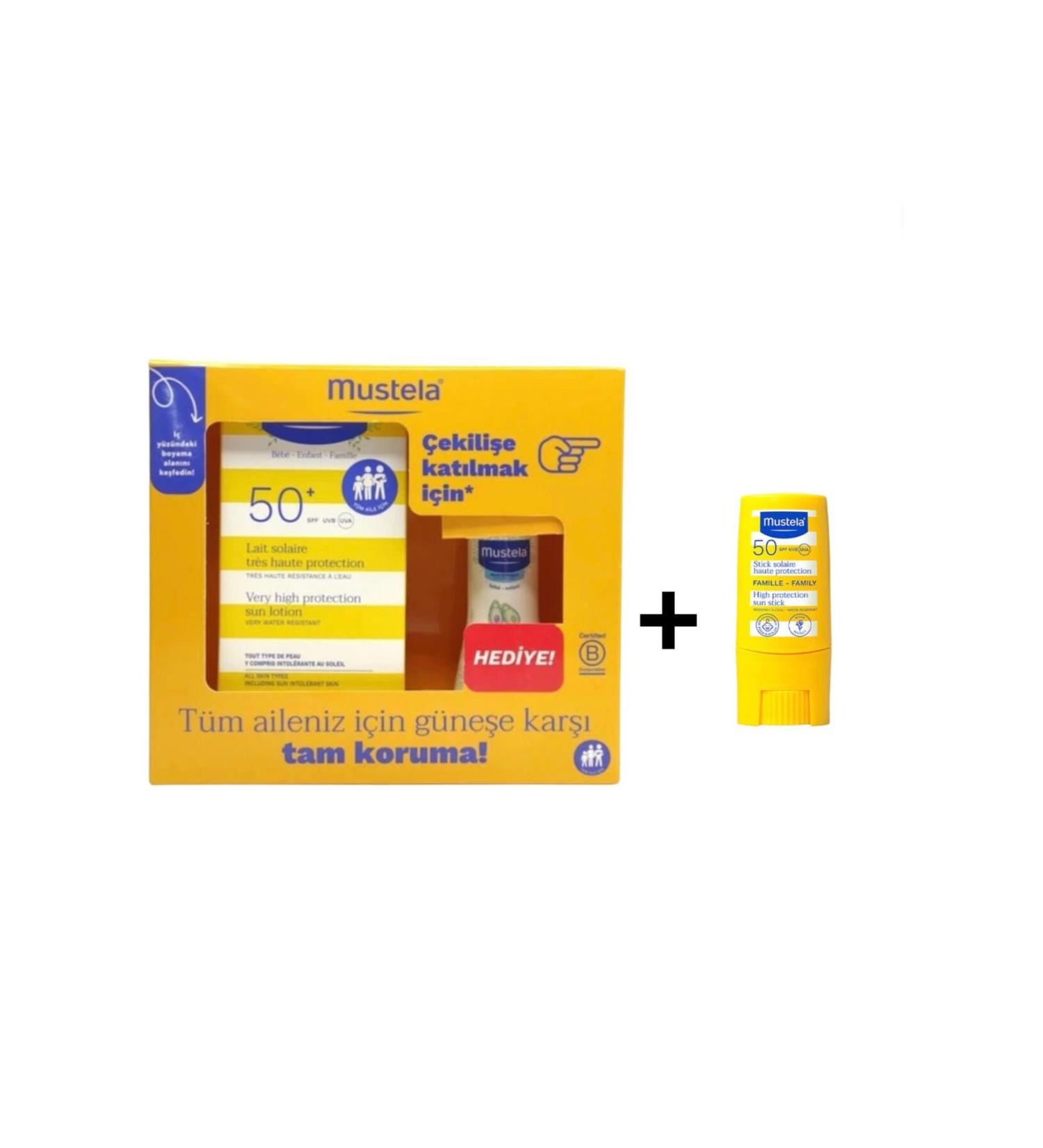 Mustela Spf50+ Sun Lotion 100 Ml + 50 Ml Hydra Baby Gift + Mustela Spf 50 Sun Stick 9 ml