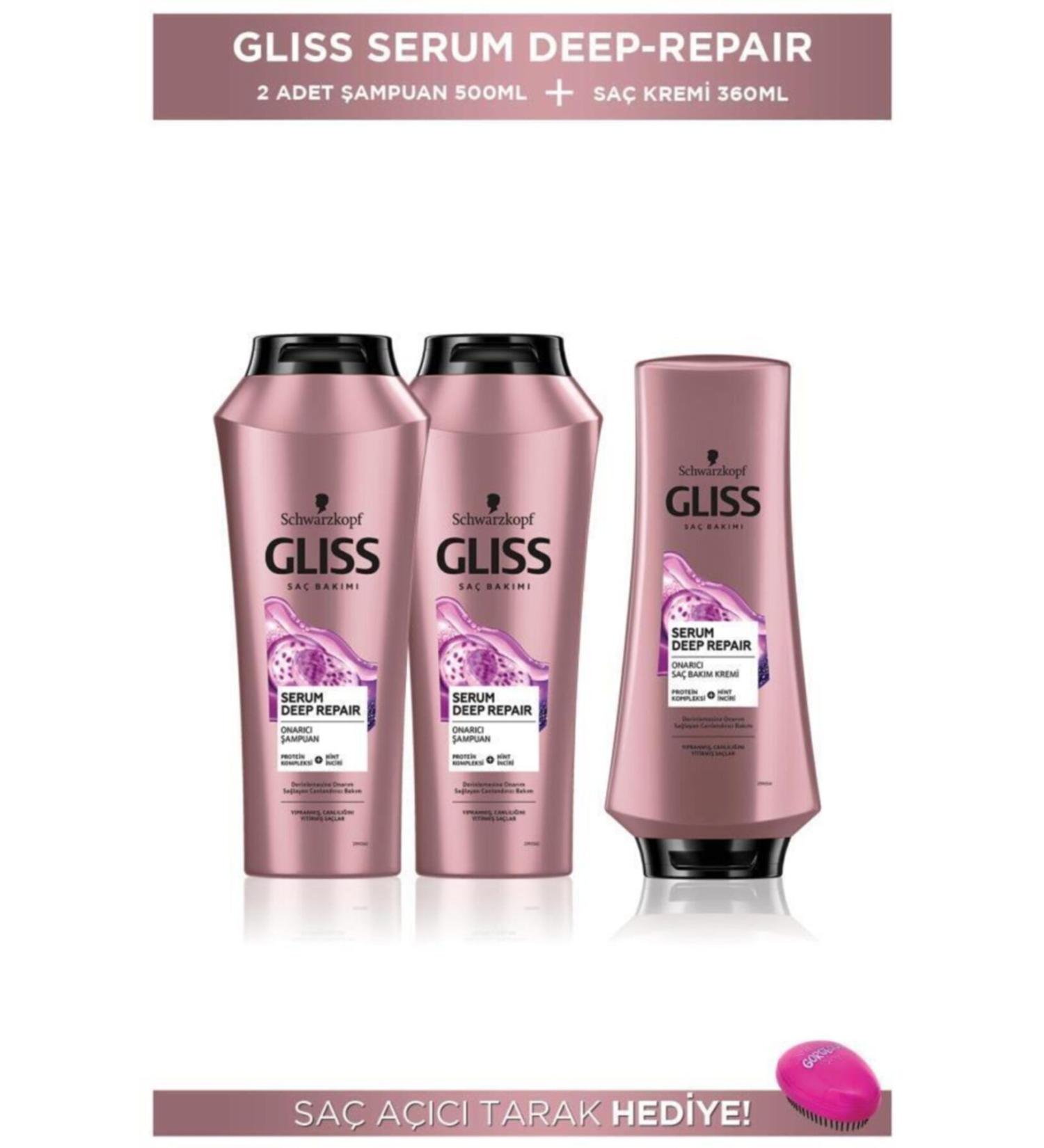 Gliss Serum Deep Repair Shampoo 500 Ml X 2 Pieces + Hair Conditioner 360 Ml + Hair Opening Comb