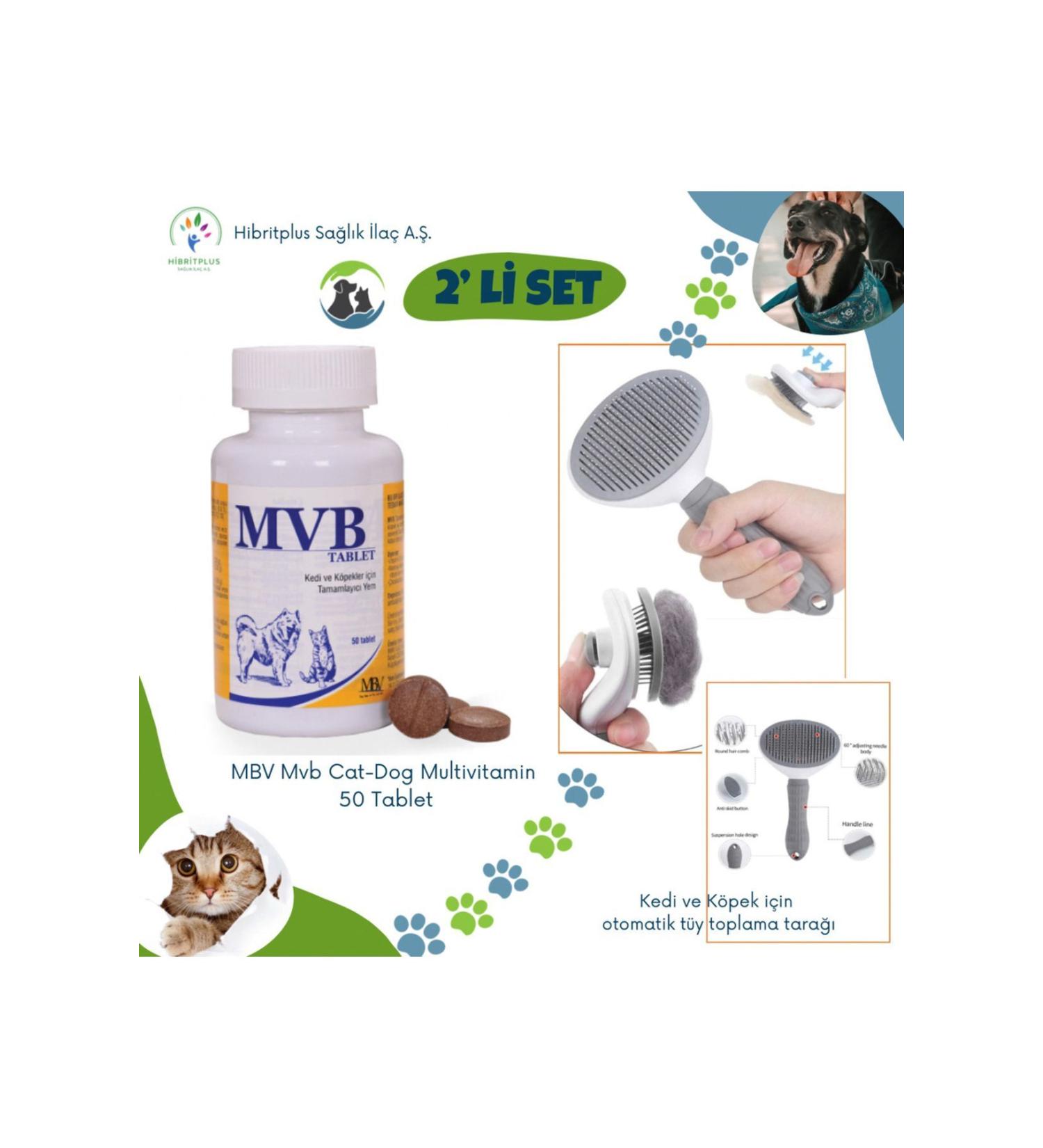 MBV Mvb Cat Dog Multivitamin 50 Tablets + Cat and Dog Automatic Hair Collection Comb Set of 2
