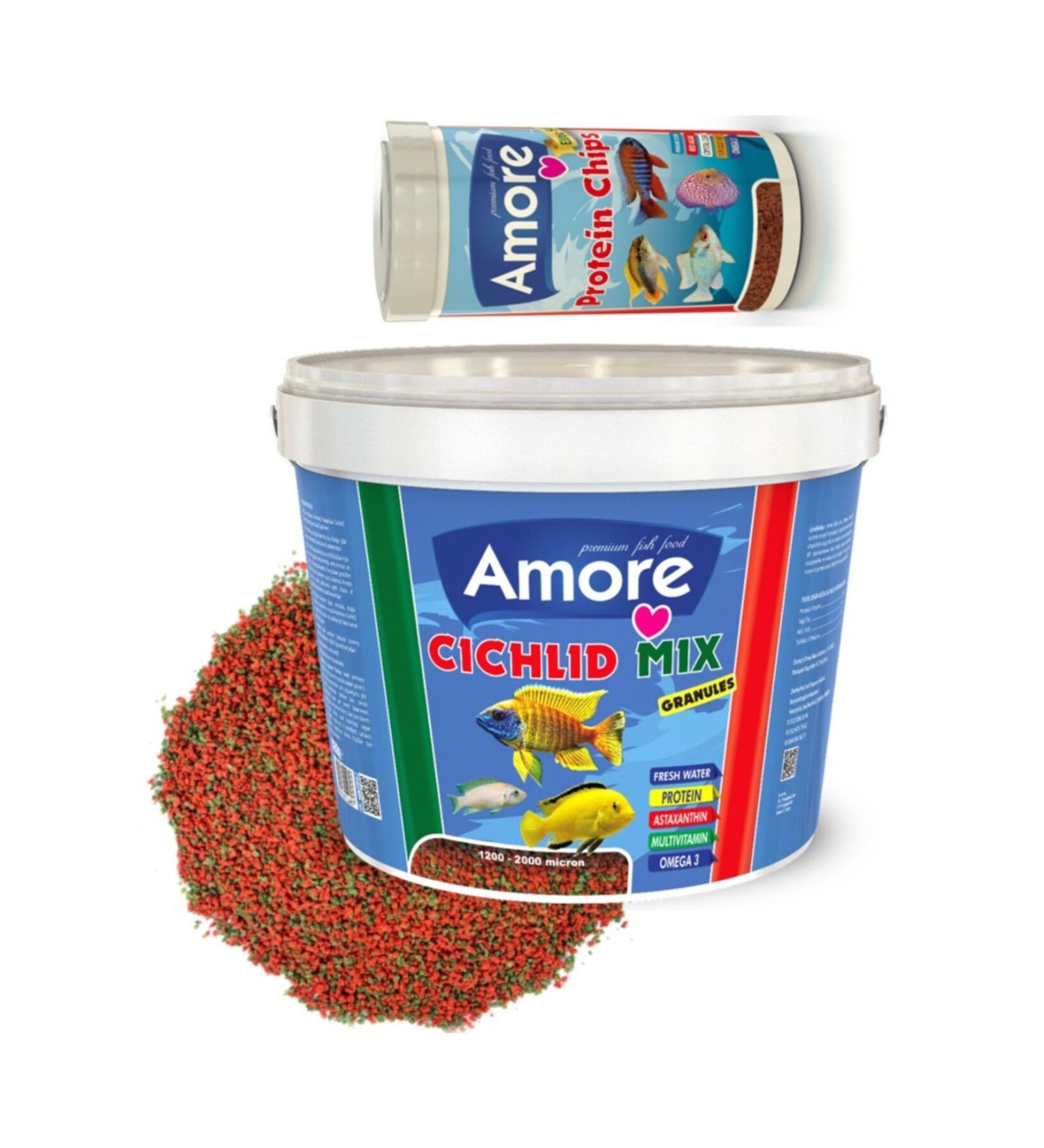 AMORE Cichlid Mix 3 Kg Bucket + Protein Pro Chips 250ml Box Aquarium Fish Food