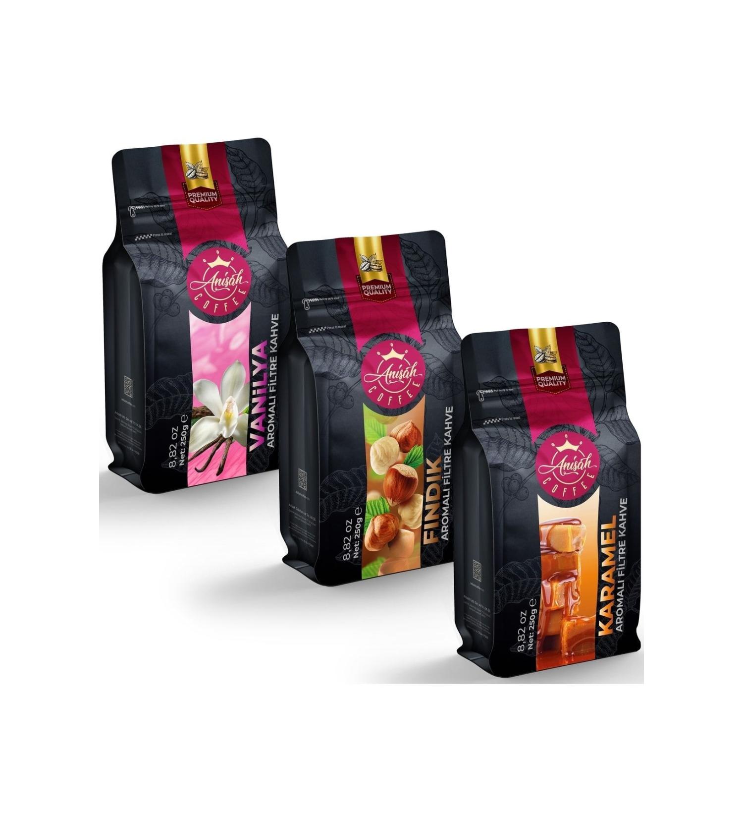 Anisah Coffee Flavored Filter Coffee Set 3 X 250 Grams Hazelnut Vanilla Caramel