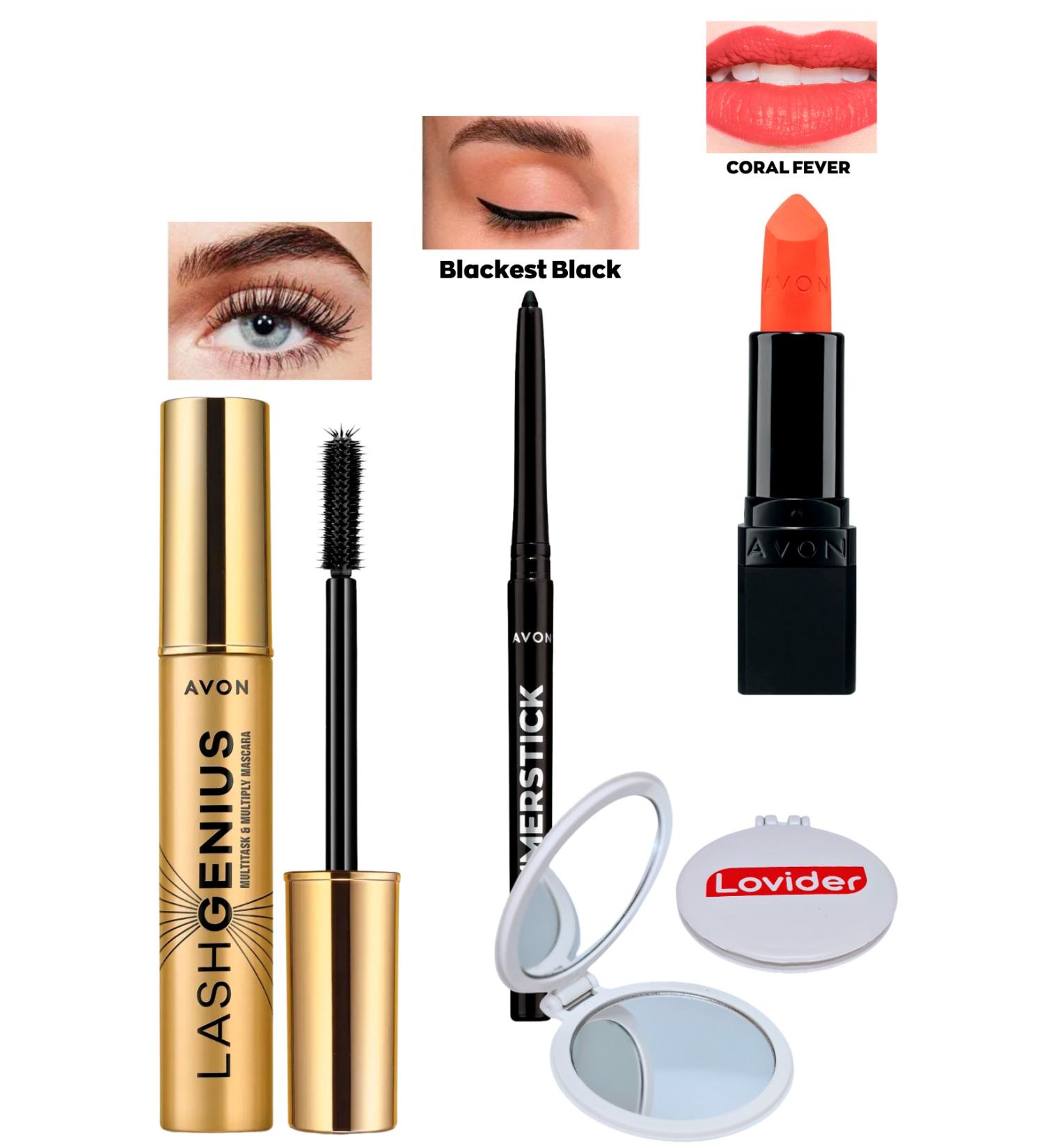 Avon Lash Genius Mascara + Black Eyeliner + Coral Fever Matte Lipstick + Lovider Pocket Mirror
