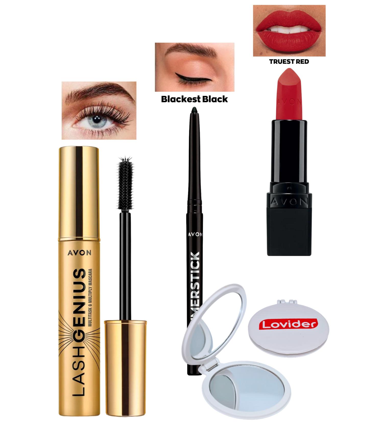Avon Lash Genius Mascara + Black Eyeliner + Truest Red Matte Lipstick + Lovider Pocket Mirror